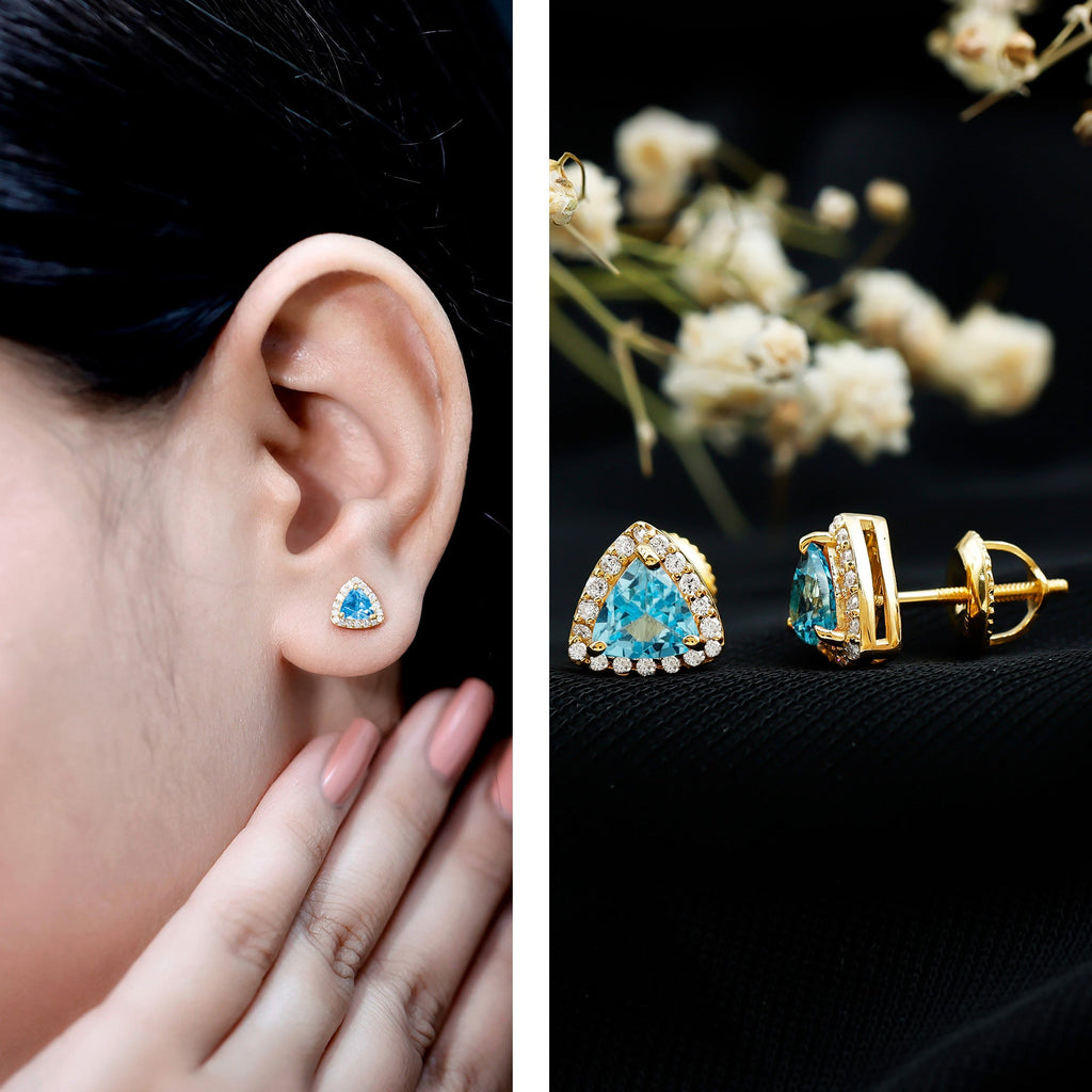 Trilliant Cut Blue Topaz and Diamond Stud Earrings