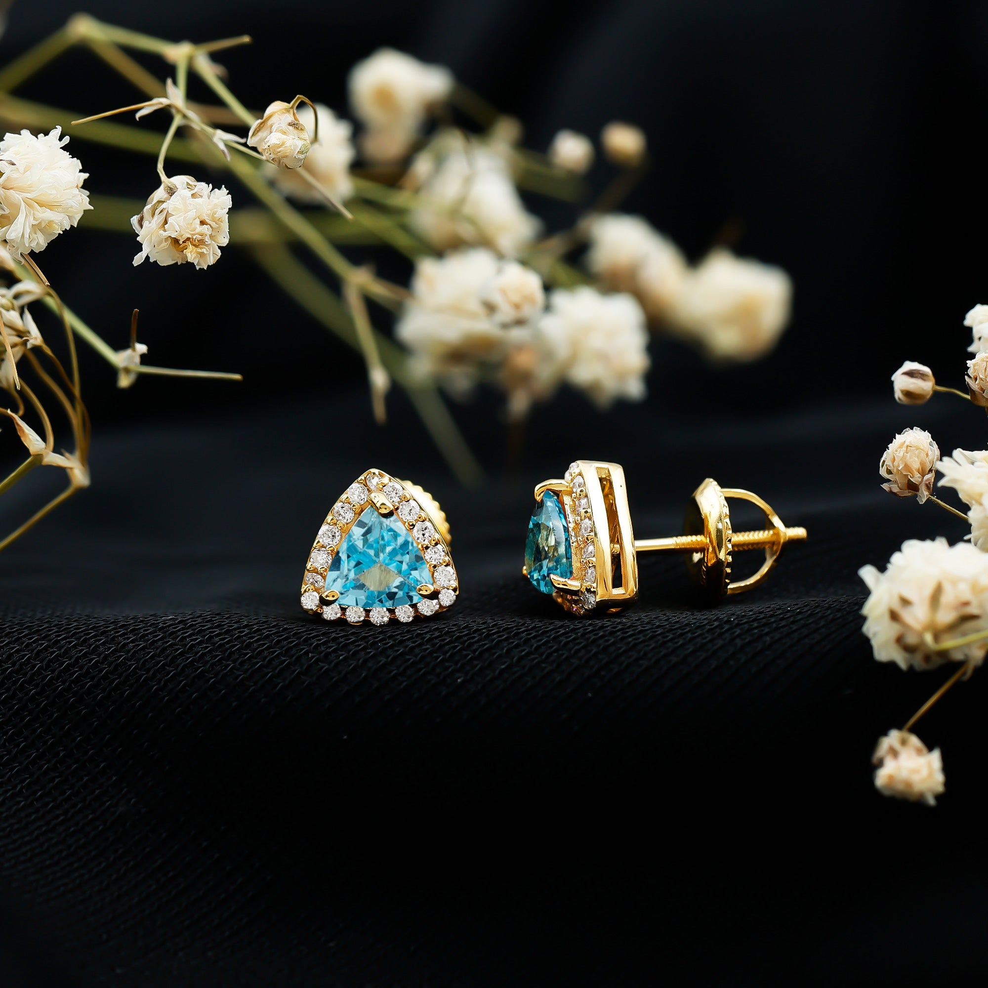 Trilliant Cut Blue Topaz and Diamond Stud Earrings