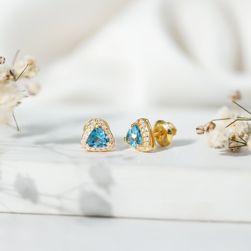 Trilliant Cut Blue Topaz and Diamond Stud Earrings