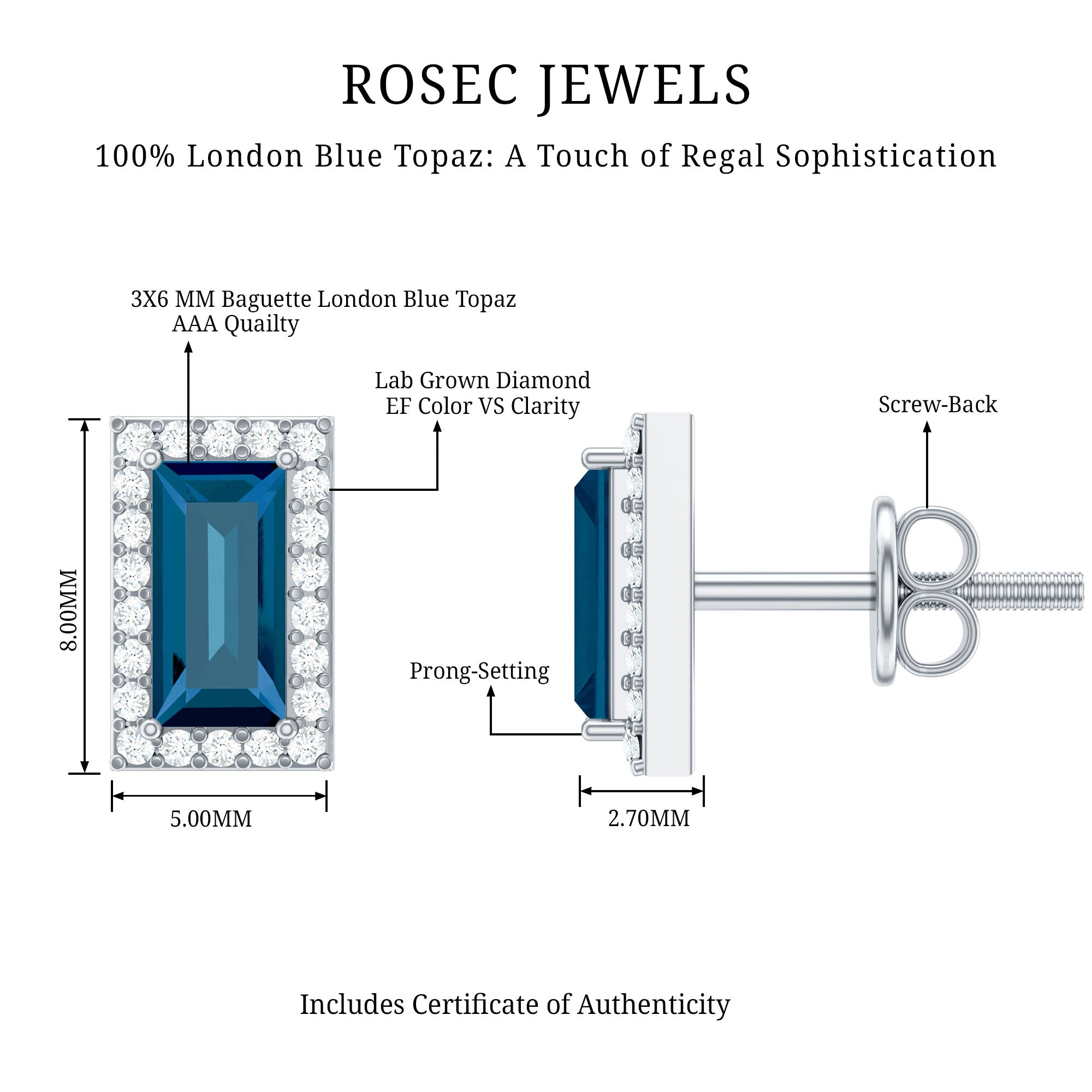 Natural Baguette London Blue Topaz Diamond Halo Stud Earrings