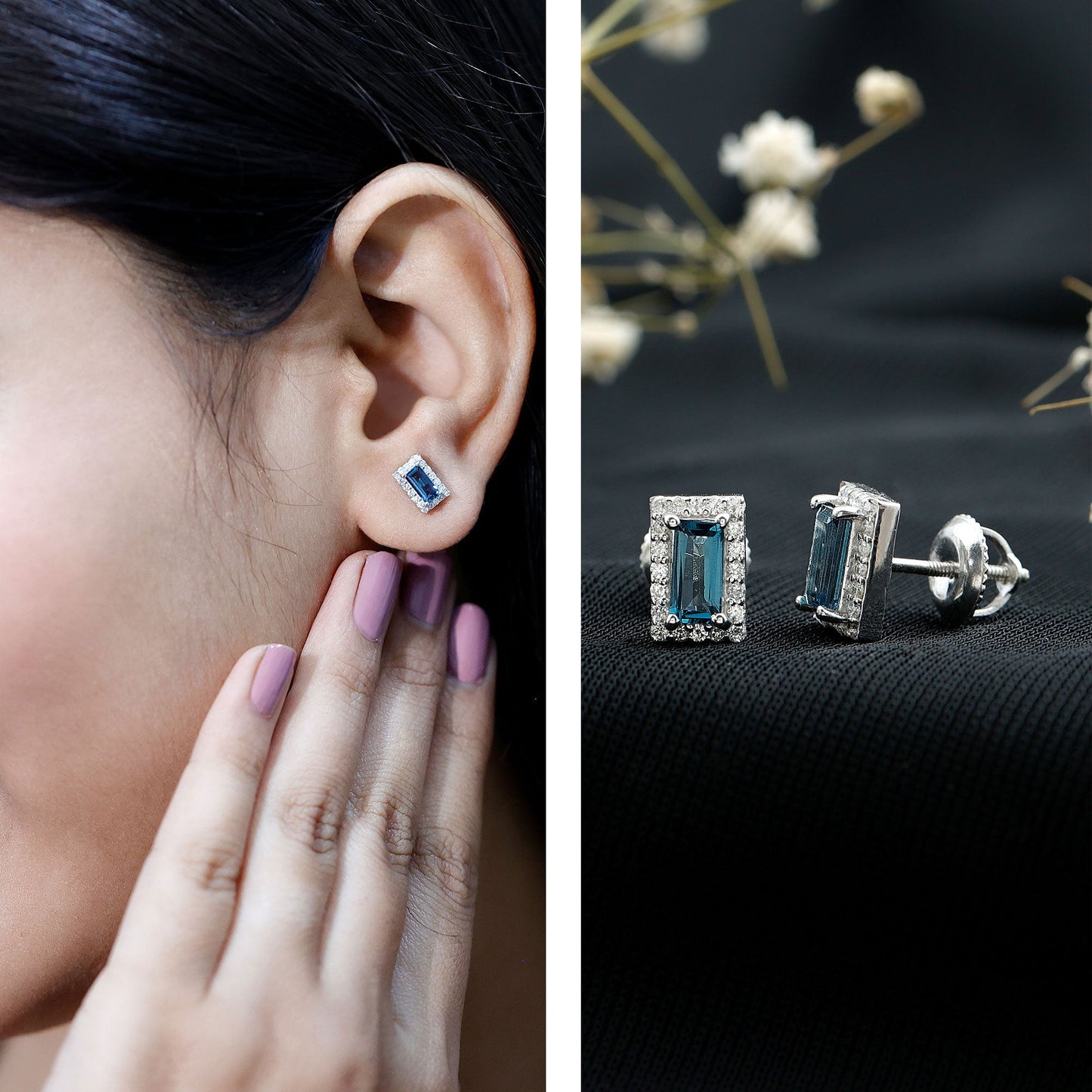 Natural Baguette London Blue Topaz Diamond Halo Stud Earrings