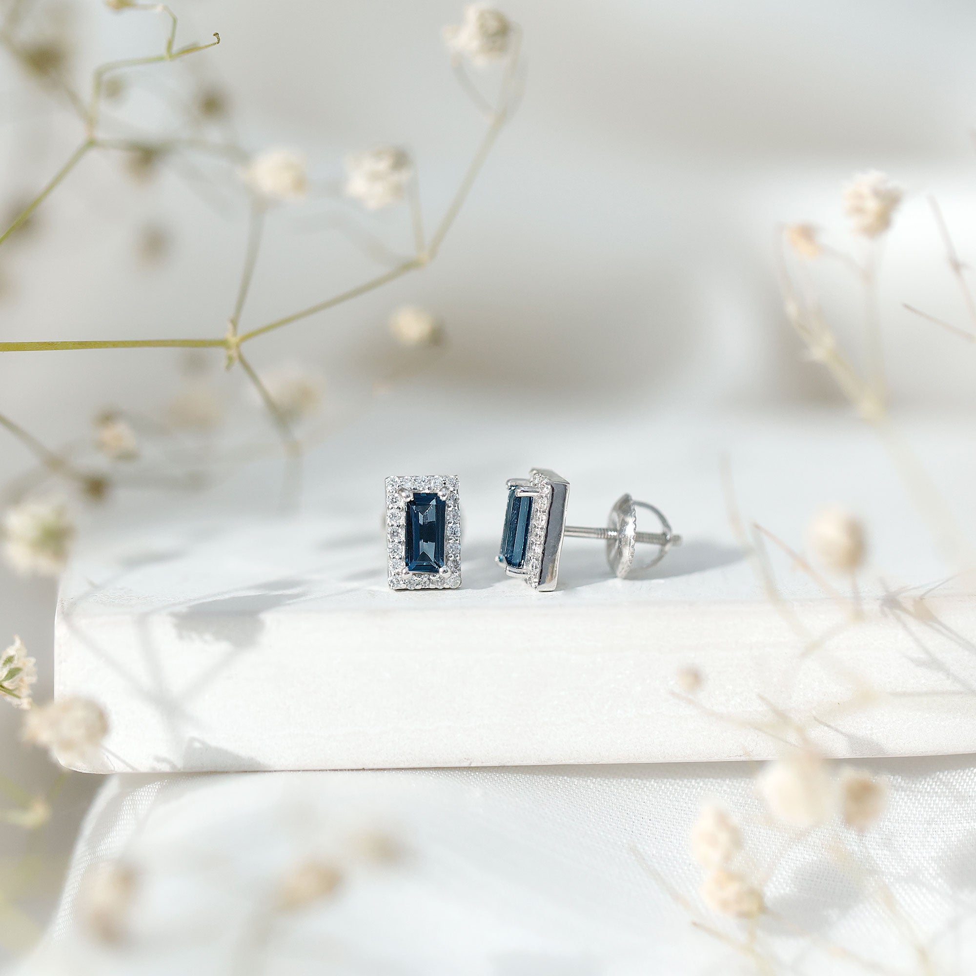 Natural Baguette London Blue Topaz Diamond Halo Stud Earrings