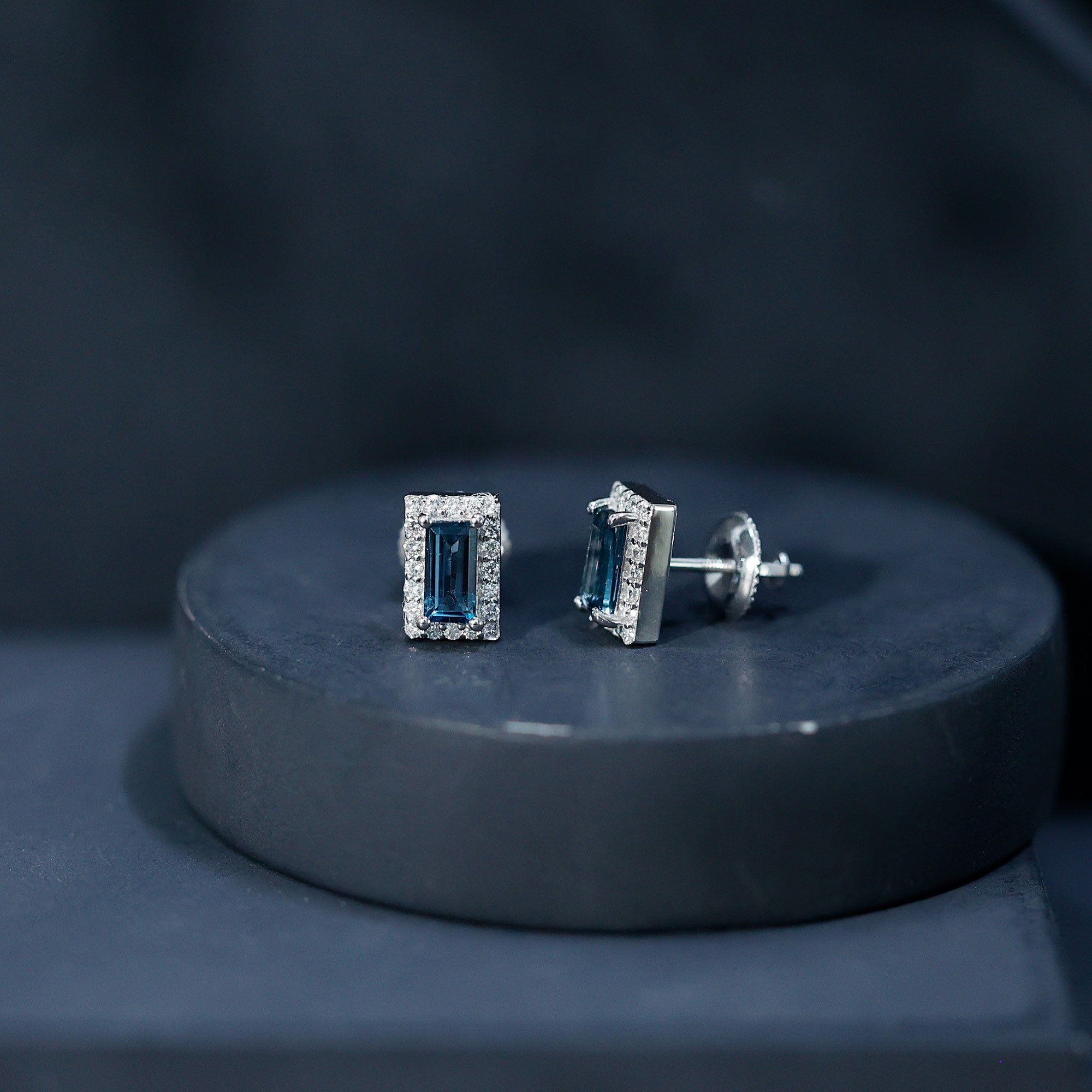 Natural Baguette London Blue Topaz Diamond Halo Stud Earrings