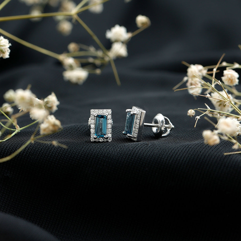 Natural Baguette London Blue Topaz Diamond Halo Stud Earrings