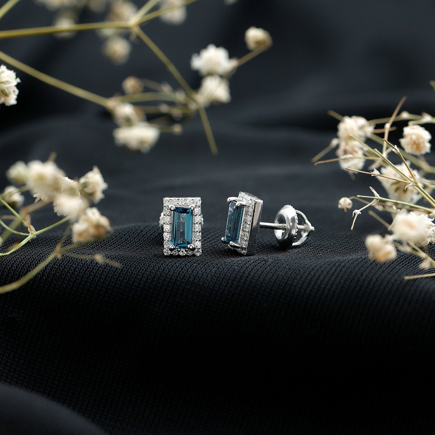 Natural Baguette London Blue Topaz Diamond Halo Stud Earrings
