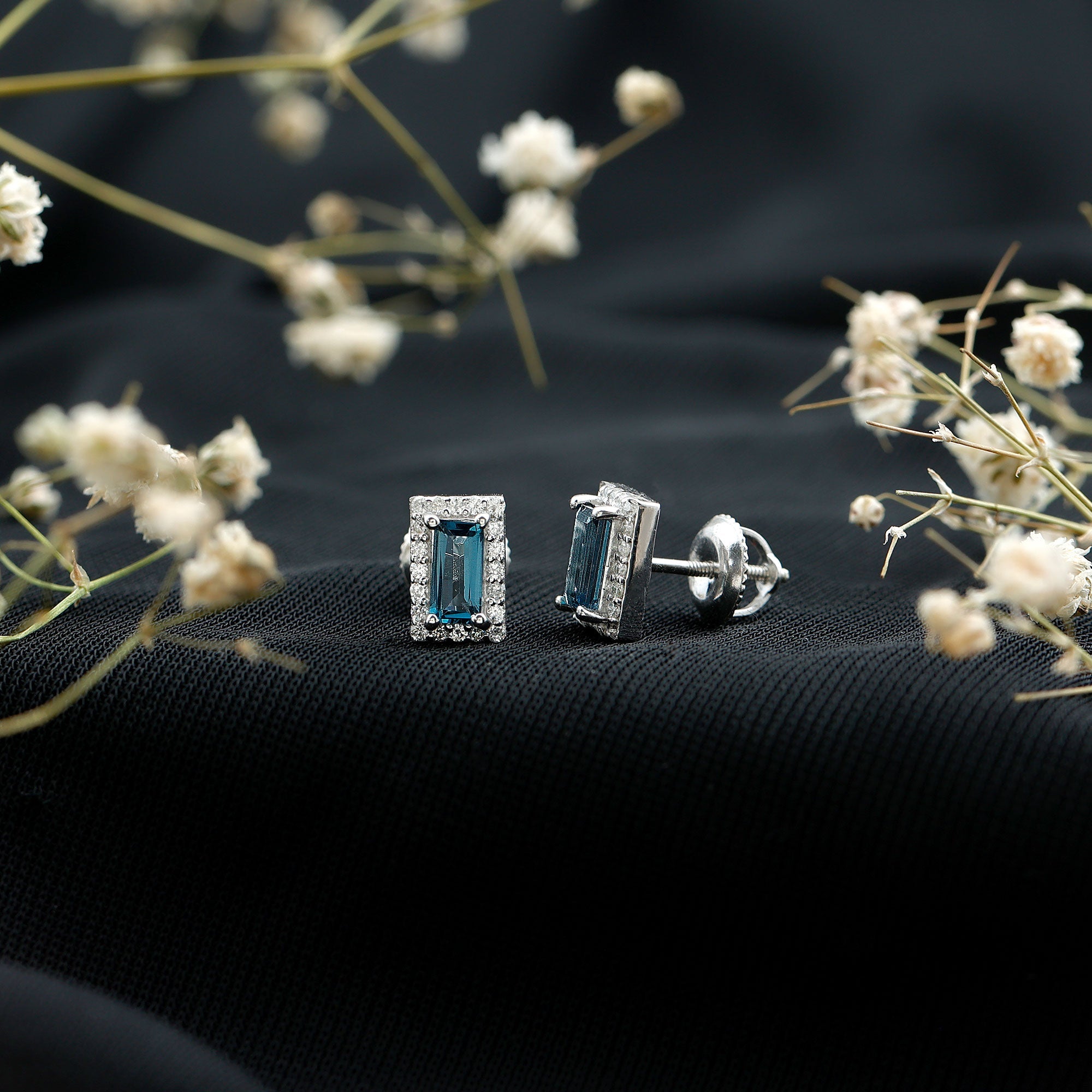 Natural Baguette London Blue Topaz Diamond Halo Stud Earrings