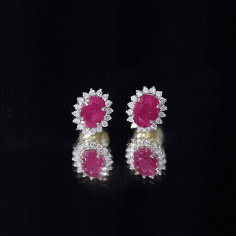 Natural 5X7 mm Oval Ruby Stud Earrings With Diamond Halo