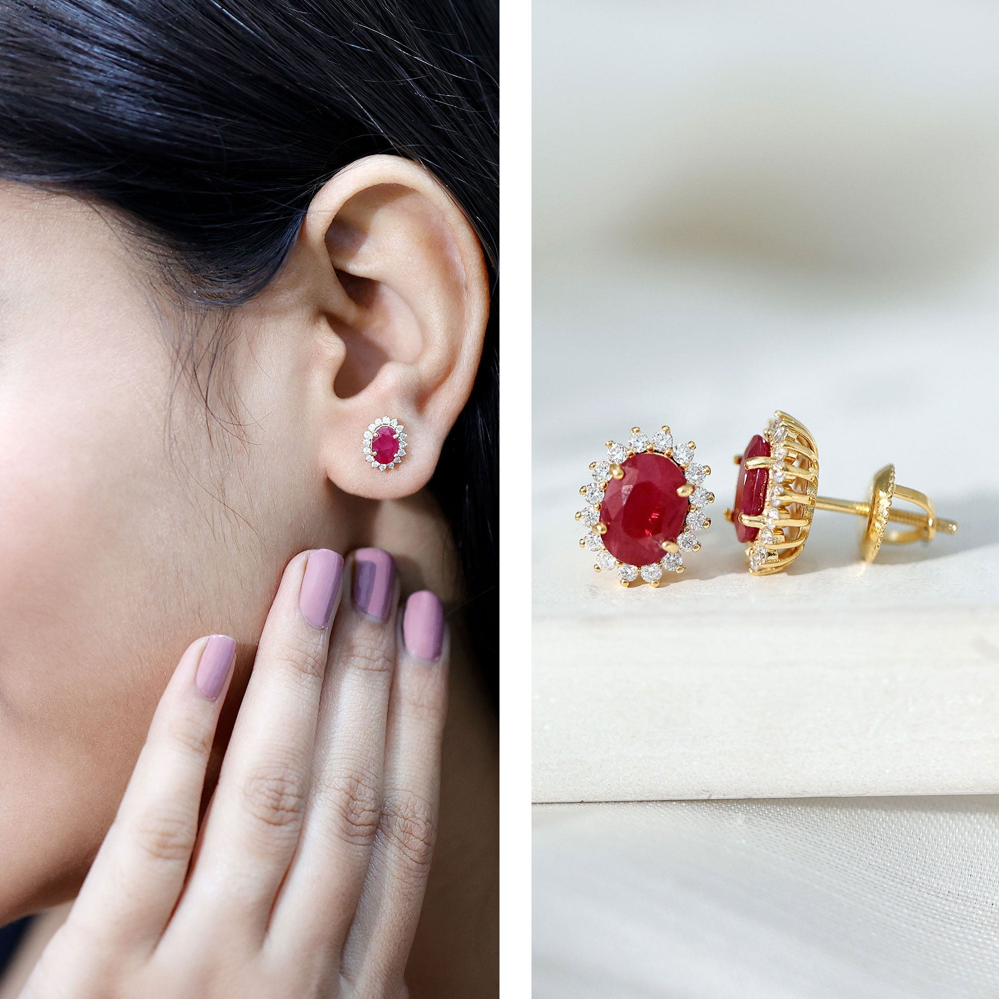 Natural 5X7 mm Oval Ruby Stud Earrings With Diamond Halo