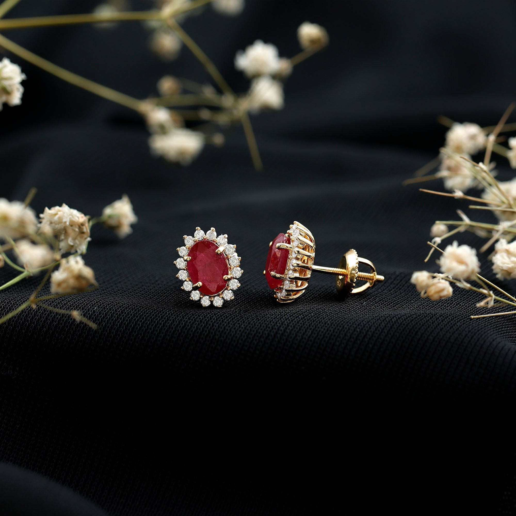 Natural 5X7 mm Oval Ruby Stud Earrings With Diamond Halo