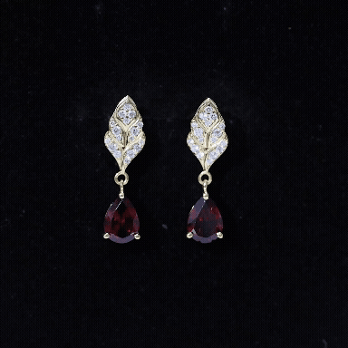 Genuine Garnet Teardrop Earrings with Diamond Leaf Design