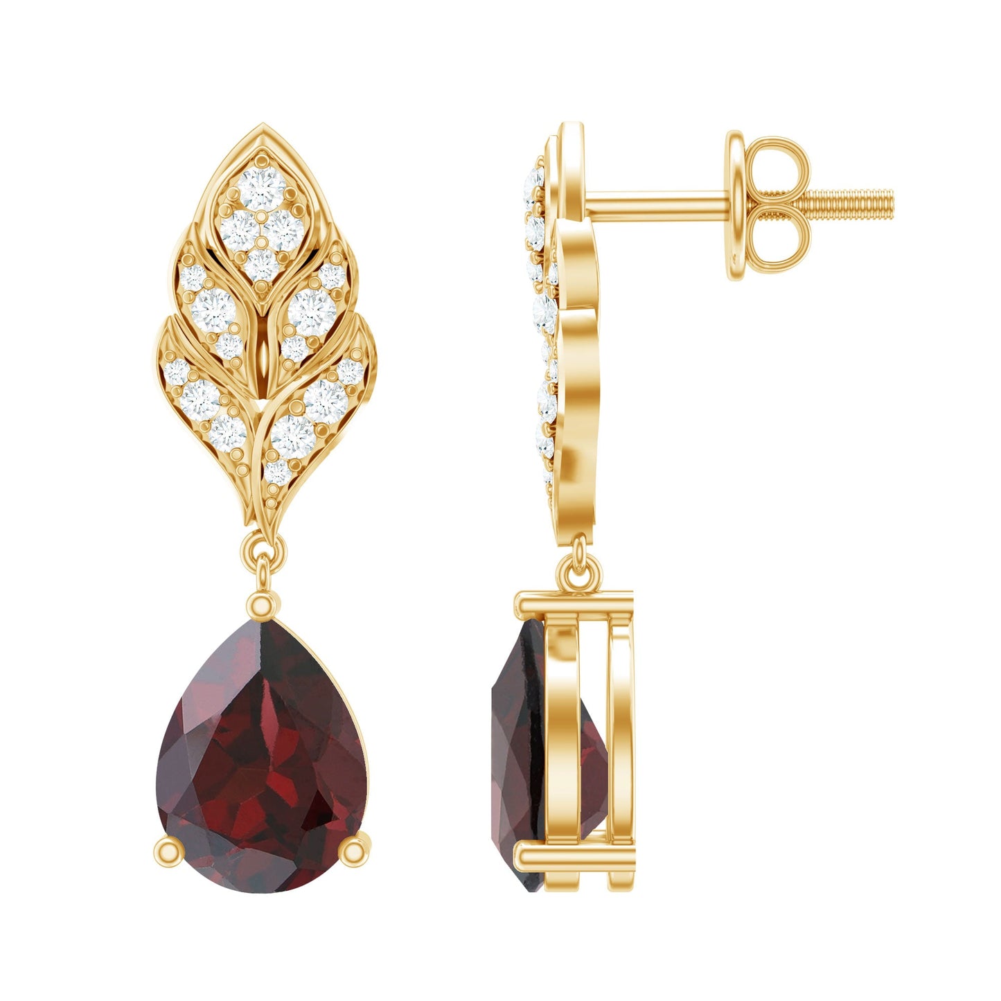 Genuine Garnet Teardrop Earrings with Diamond Leaf Design