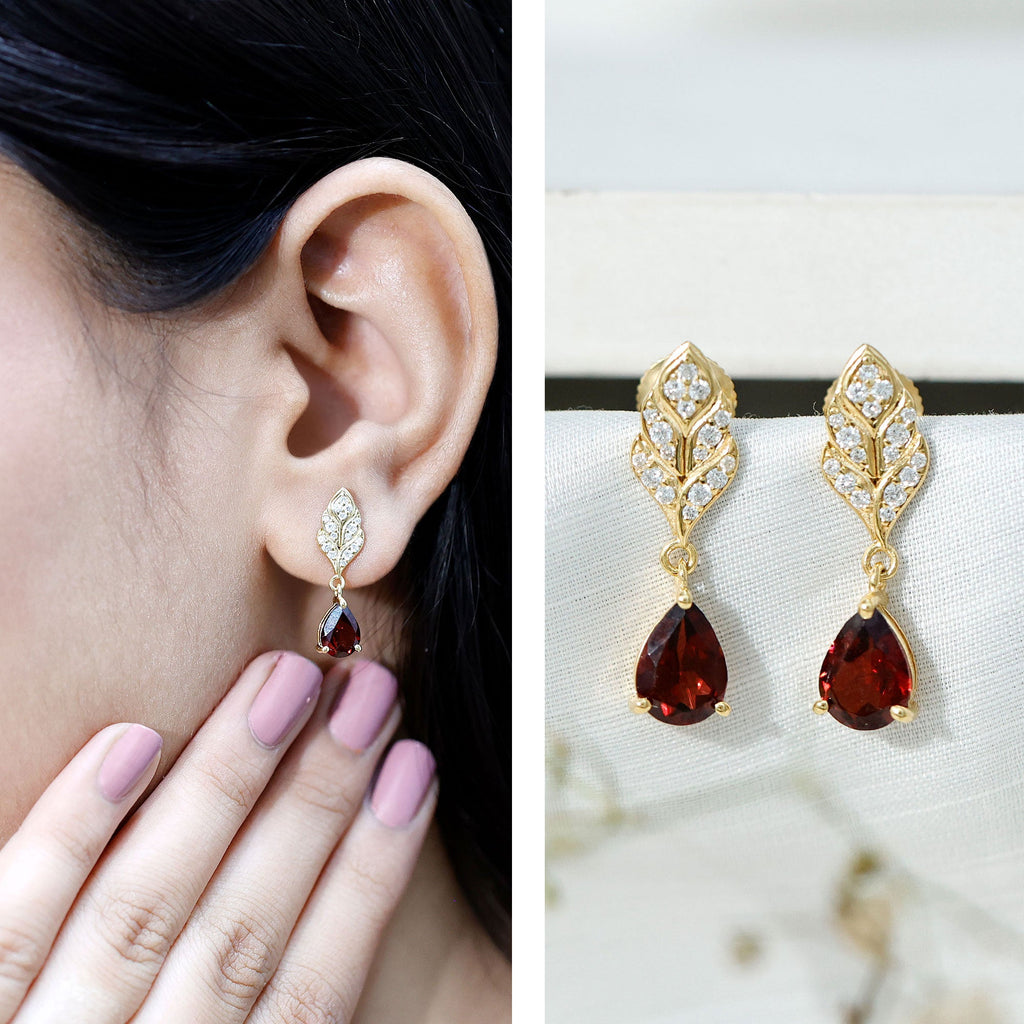 Genuine Garnet Teardrop Earrings with Diamond Leaf Design