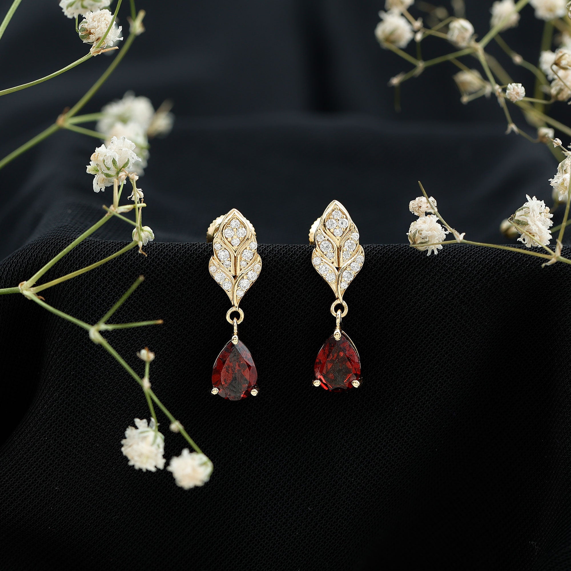 Genuine Garnet Teardrop Earrings with Diamond Leaf Design