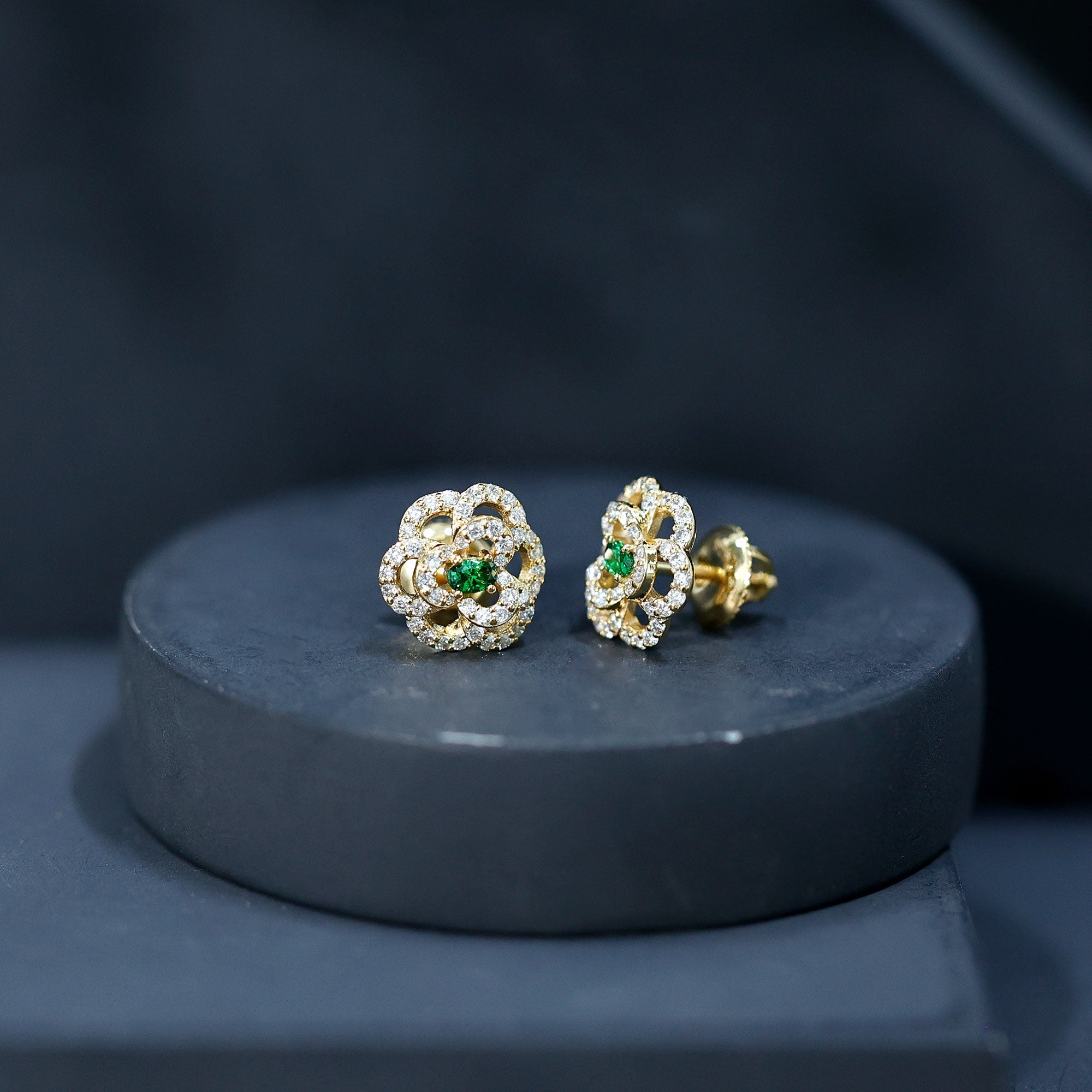 Lab Grown Emerald Diamond Flower Stud Earrings with Screw Back