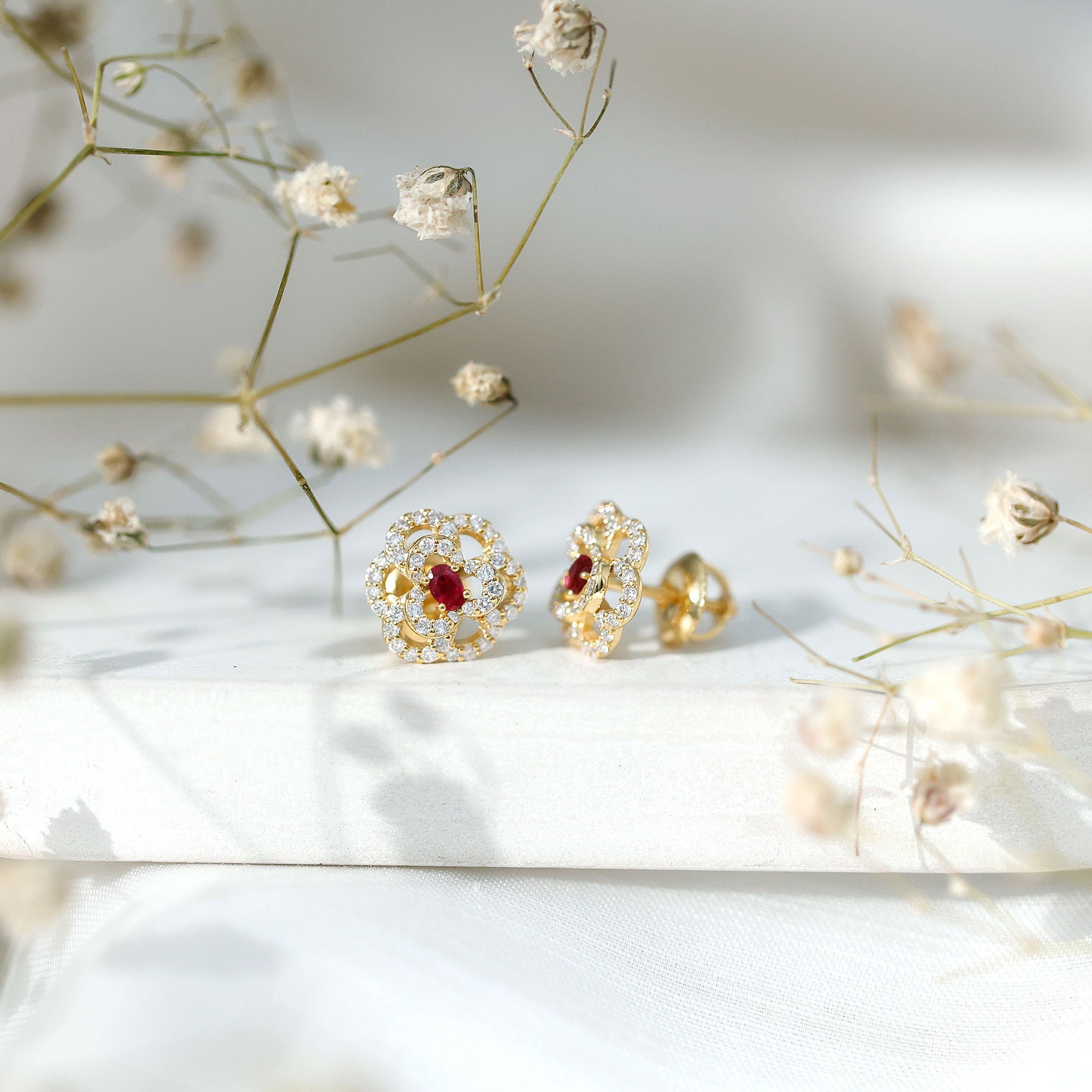 Nature Inspired Lab Grown Ruby Diamond Flower Stud Earrings