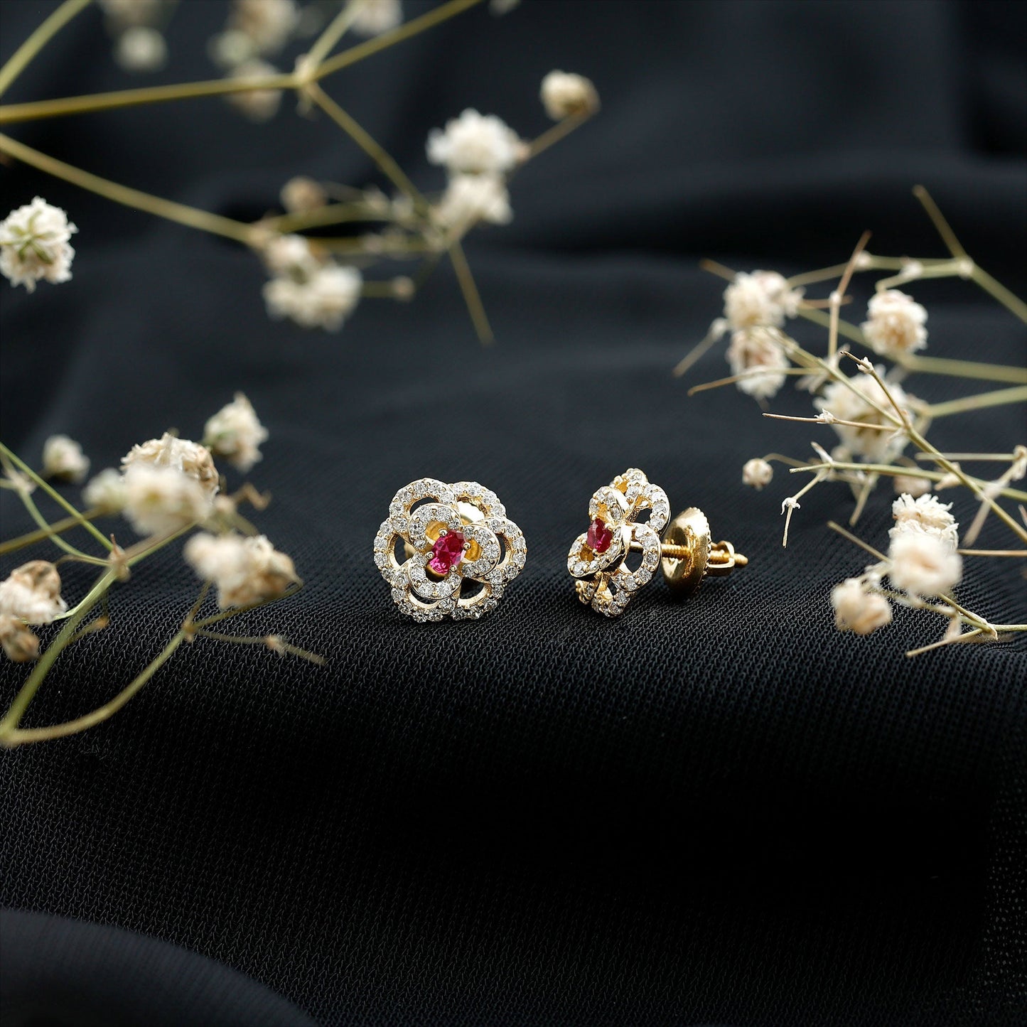 Nature Inspired Lab Grown Ruby Diamond Flower Stud Earrings