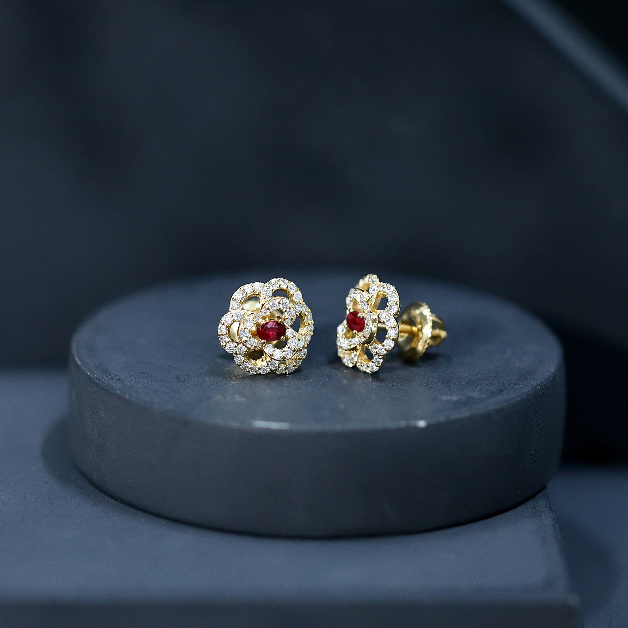 Certified Real Ruby Diamond Flower Stud Earrings with Screw Back