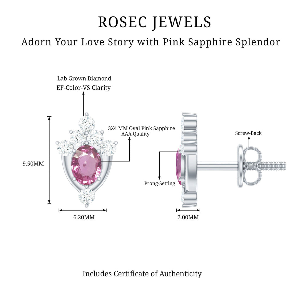 Oval Cut Pink Sapphire and Diamond Stud Earrings for Women
