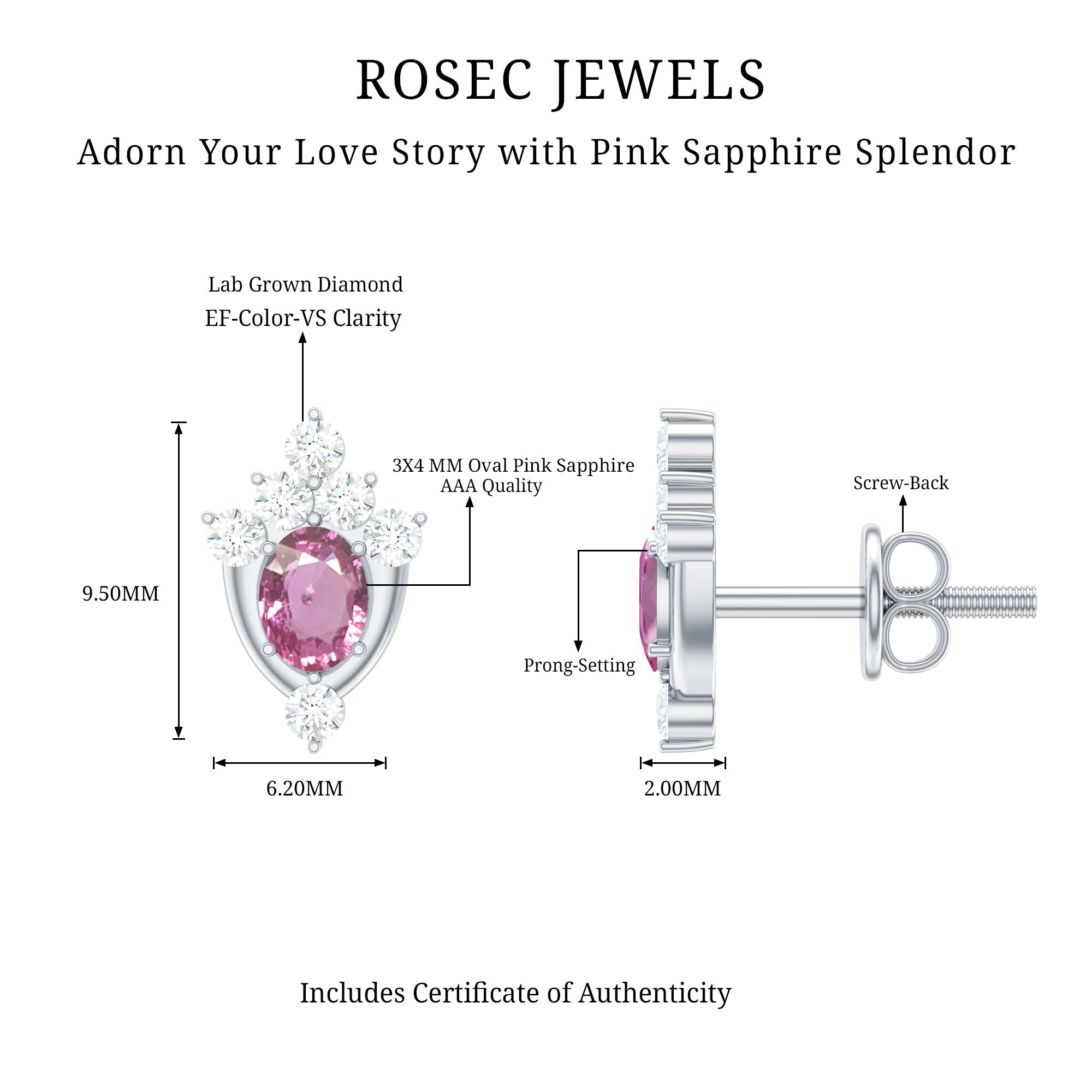 Oval Cut Pink Sapphire and Diamond Stud Earrings for Women