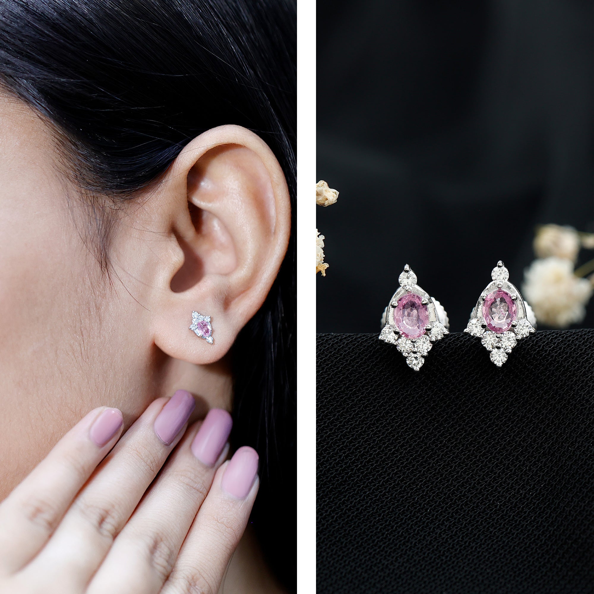 Oval Cut Pink Sapphire and Diamond Stud Earrings for Women