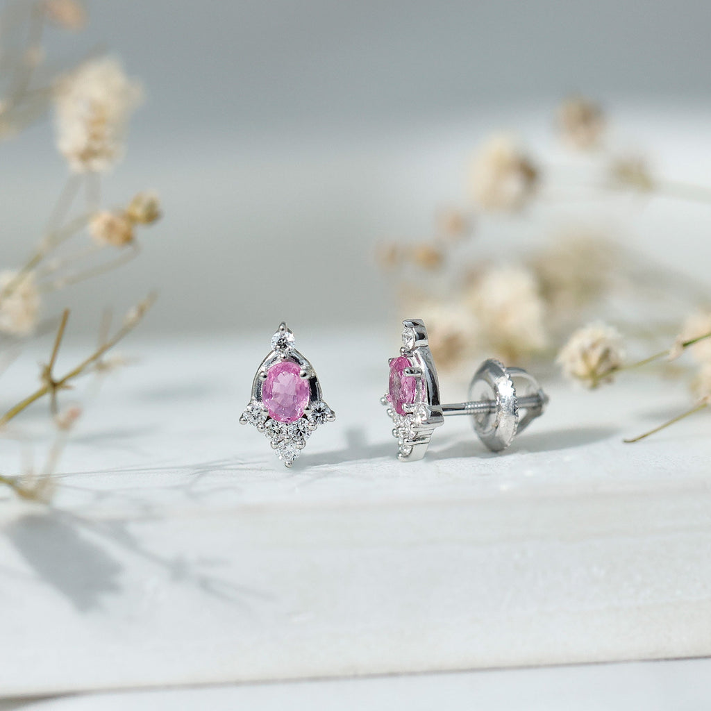 Oval Cut Pink Sapphire and Diamond Stud Earrings for Women