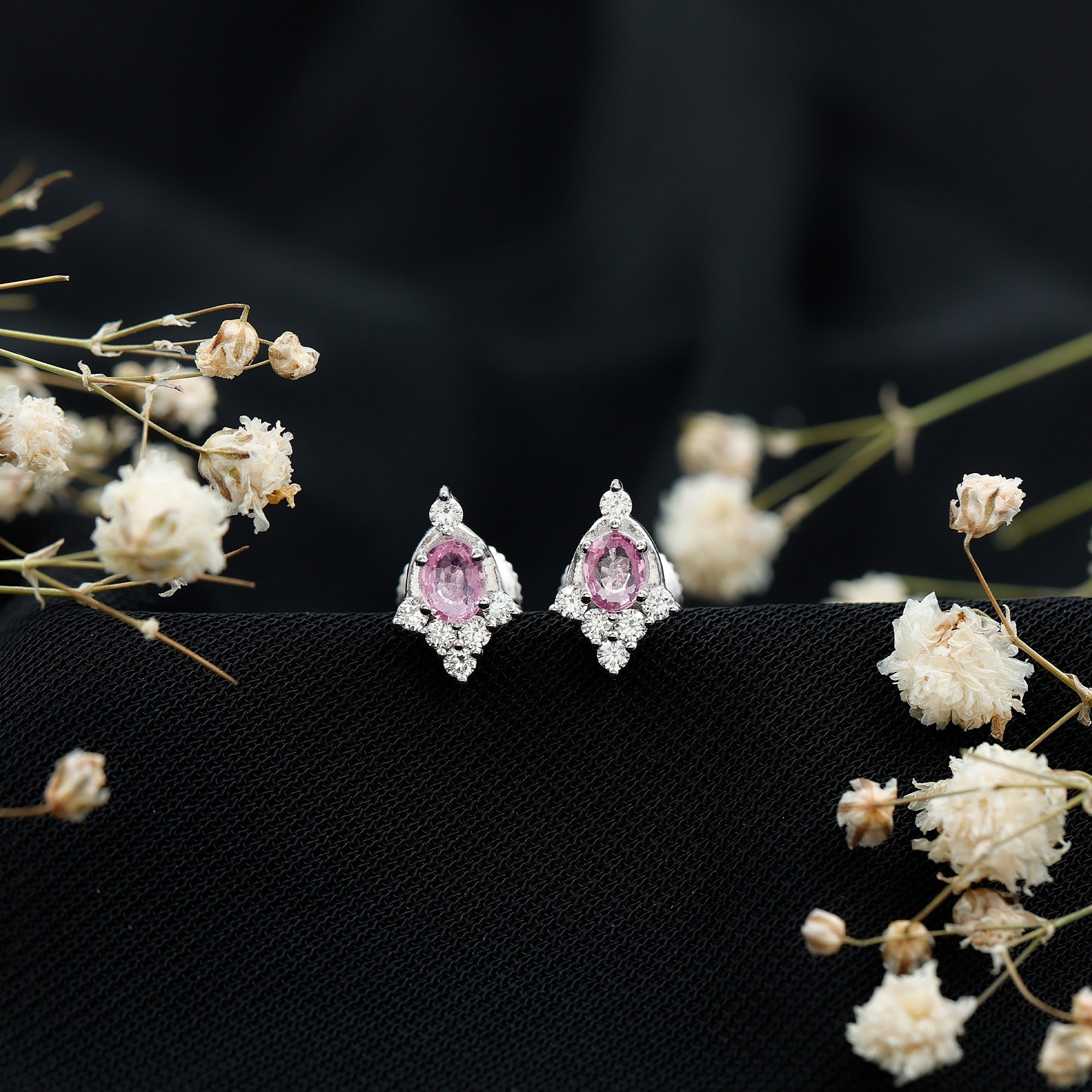 Oval Cut Pink Sapphire and Diamond Stud Earrings for Women