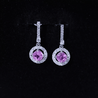 Lab Grown Pink Sapphire and Diamond Bridal Earrings in Silver
