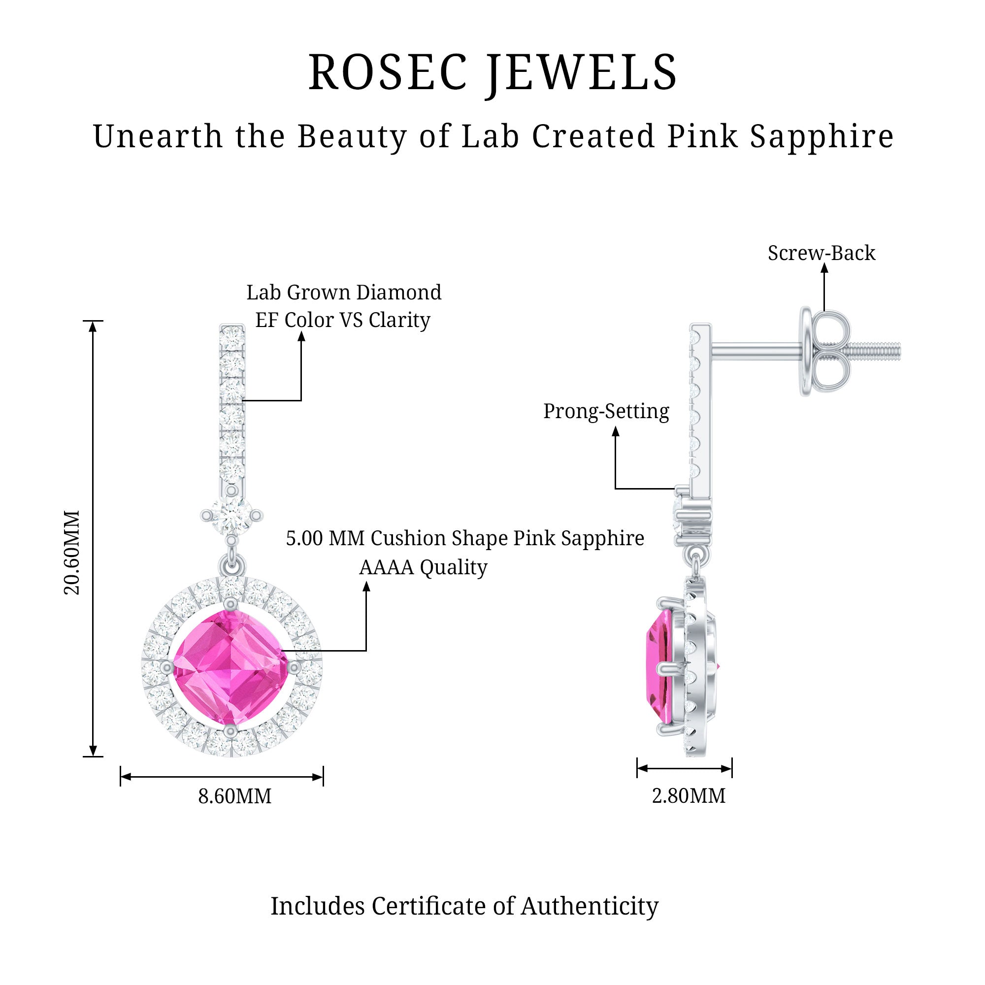 Lab Grown Pink Sapphire and Diamond Bridal Earrings in Silver