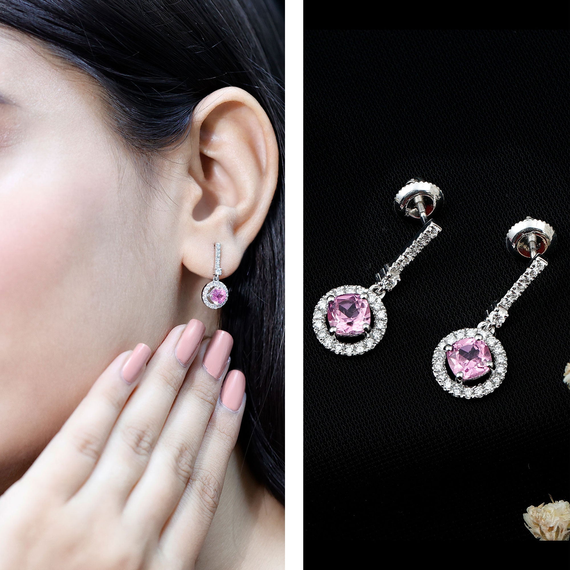 Lab Grown Pink Sapphire and Diamond Bridal Earrings in Silver