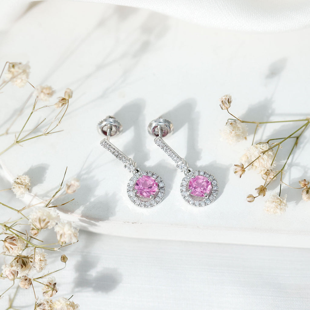 Lab Grown Pink Sapphire and Diamond Bridal Earrings in Silver