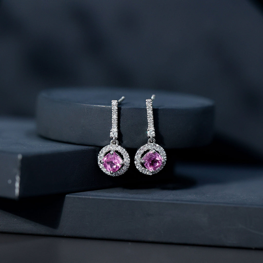 Lab Grown Pink Sapphire and Diamond Bridal Earrings in Silver
