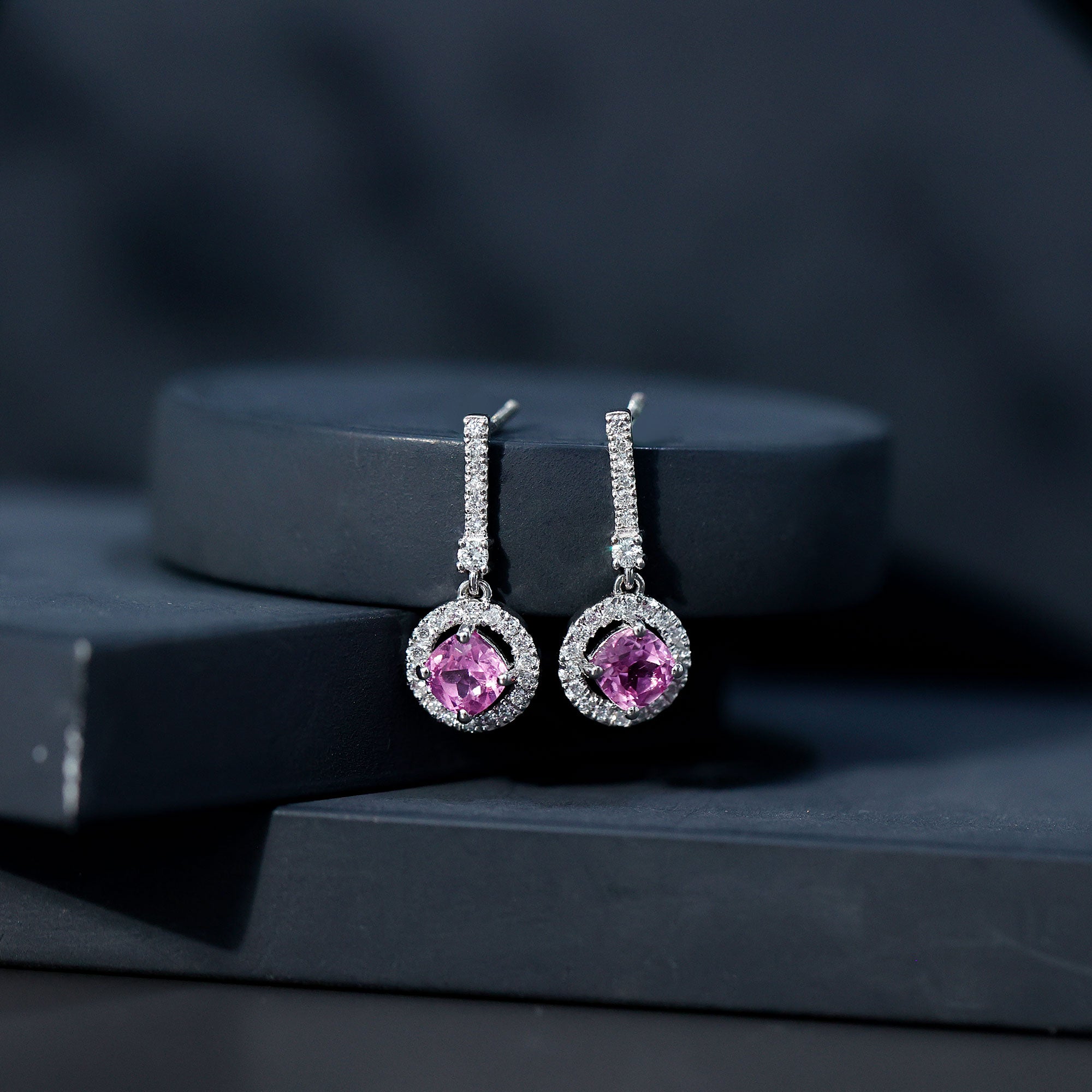 Lab Grown Pink Sapphire and Diamond Bridal Earrings in Silver