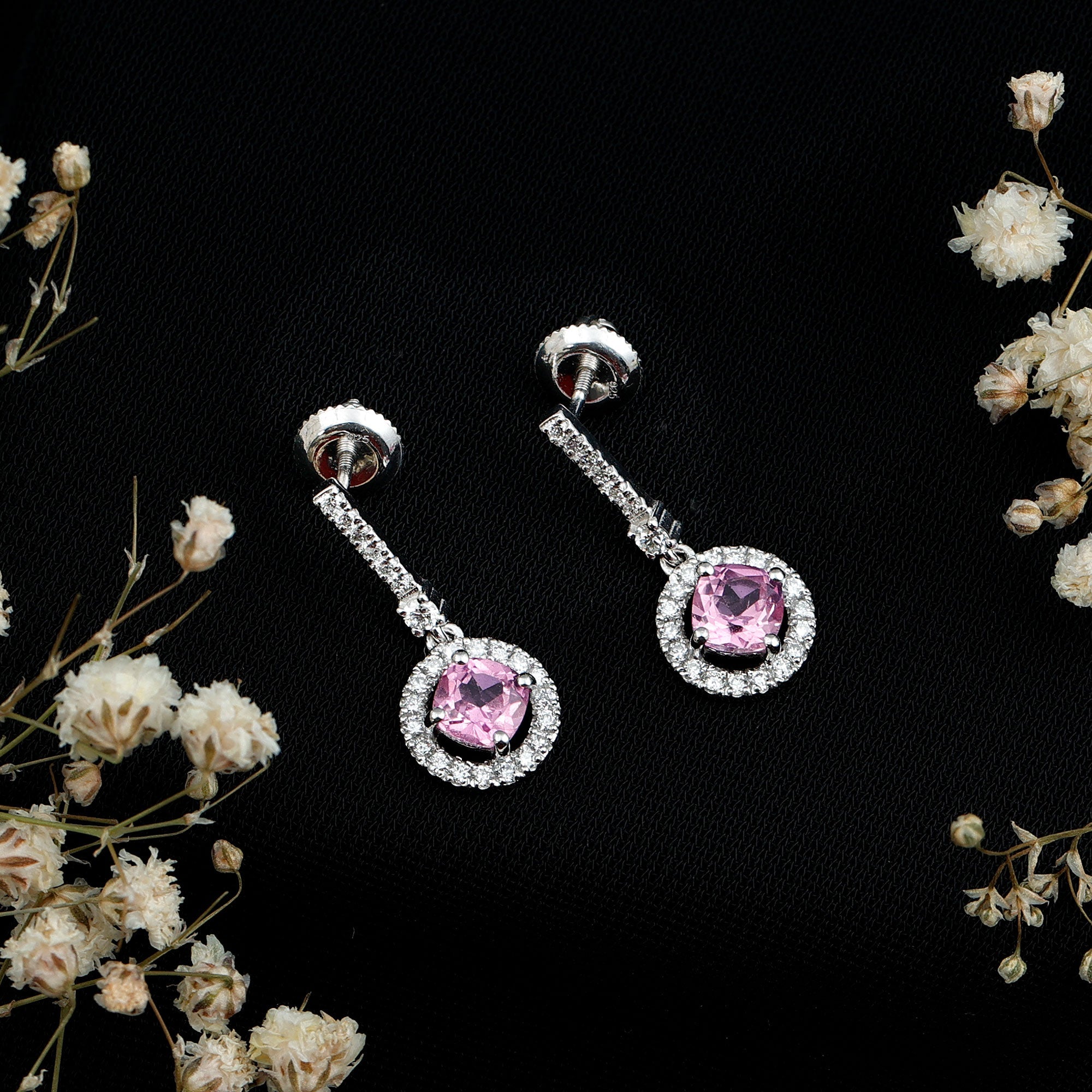 Lab Grown Pink Sapphire and Diamond Bridal Earrings in Silver