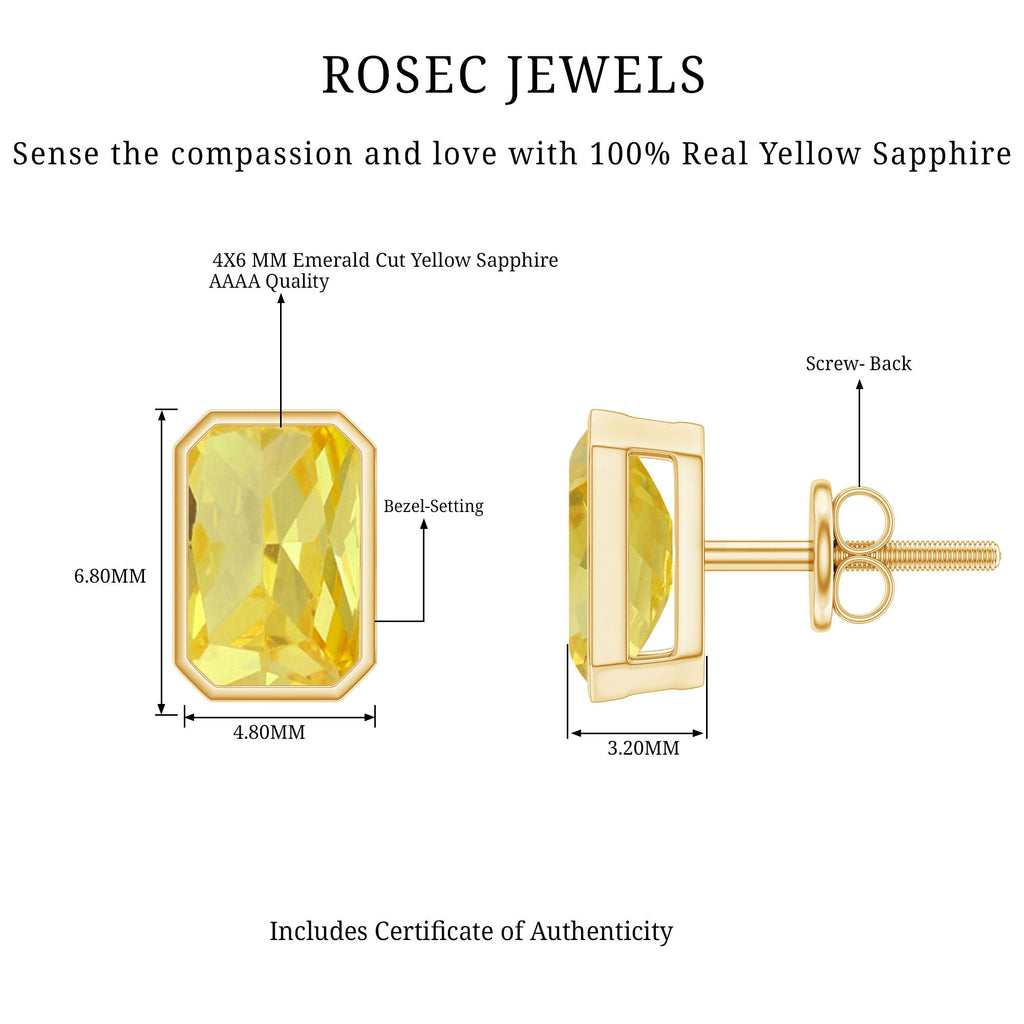 Bezel Set Lab Created Yellow Sapphire Emerald Cut Stud Earrings
