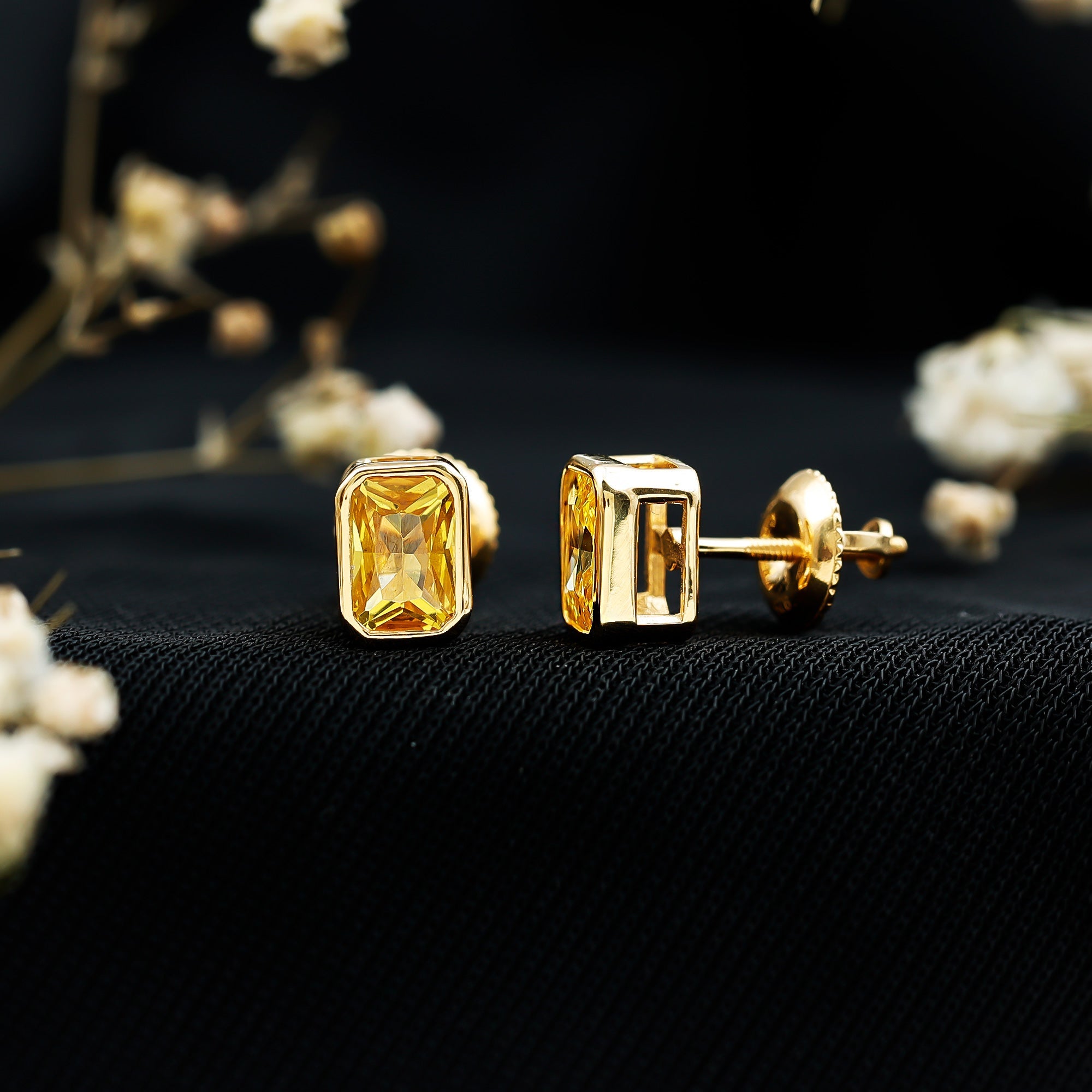 Bezel Set Lab Created Yellow Sapphire Emerald Cut Stud Earrings
