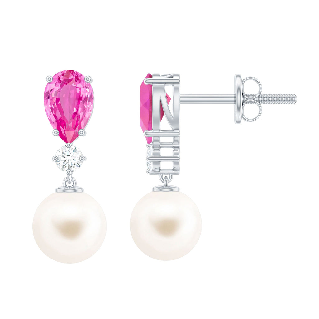 Freshwater Pearl Bridal Drop Earrings with Lab Pink Sapphire