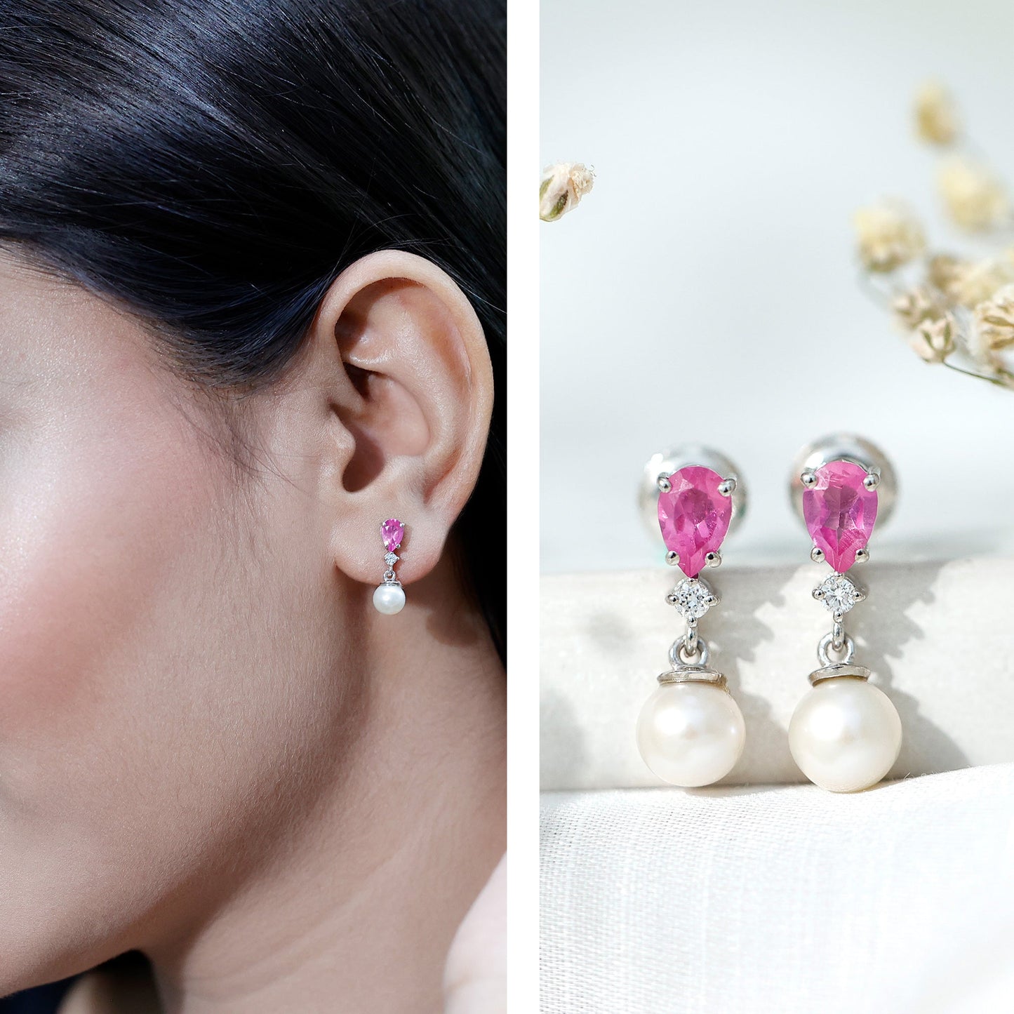 Freshwater Pearl Bridal Drop Earrings with Lab Pink Sapphire