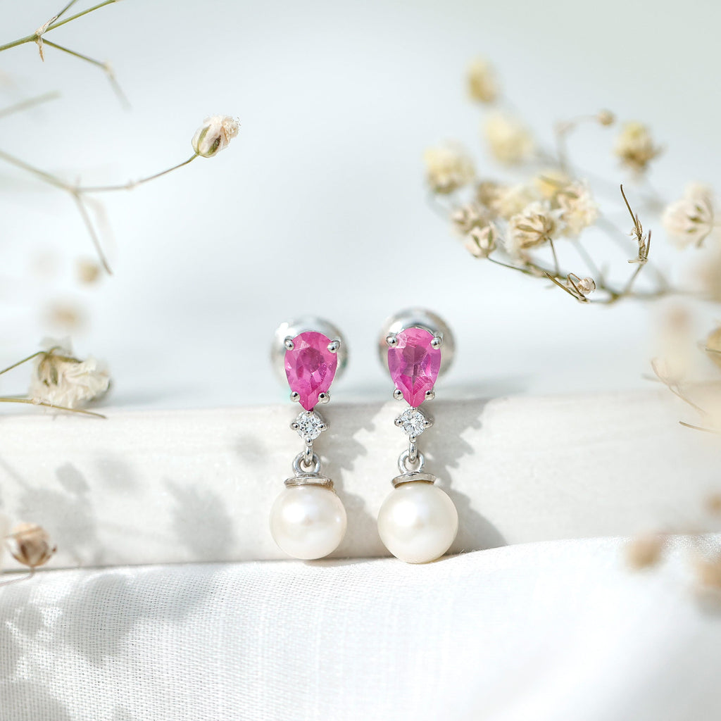 Freshwater Pearl Bridal Drop Earrings with Lab Pink Sapphire