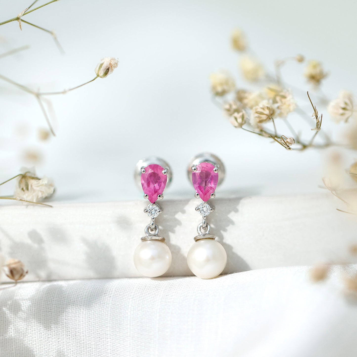 Freshwater Pearl Bridal Drop Earrings with Lab Pink Sapphire