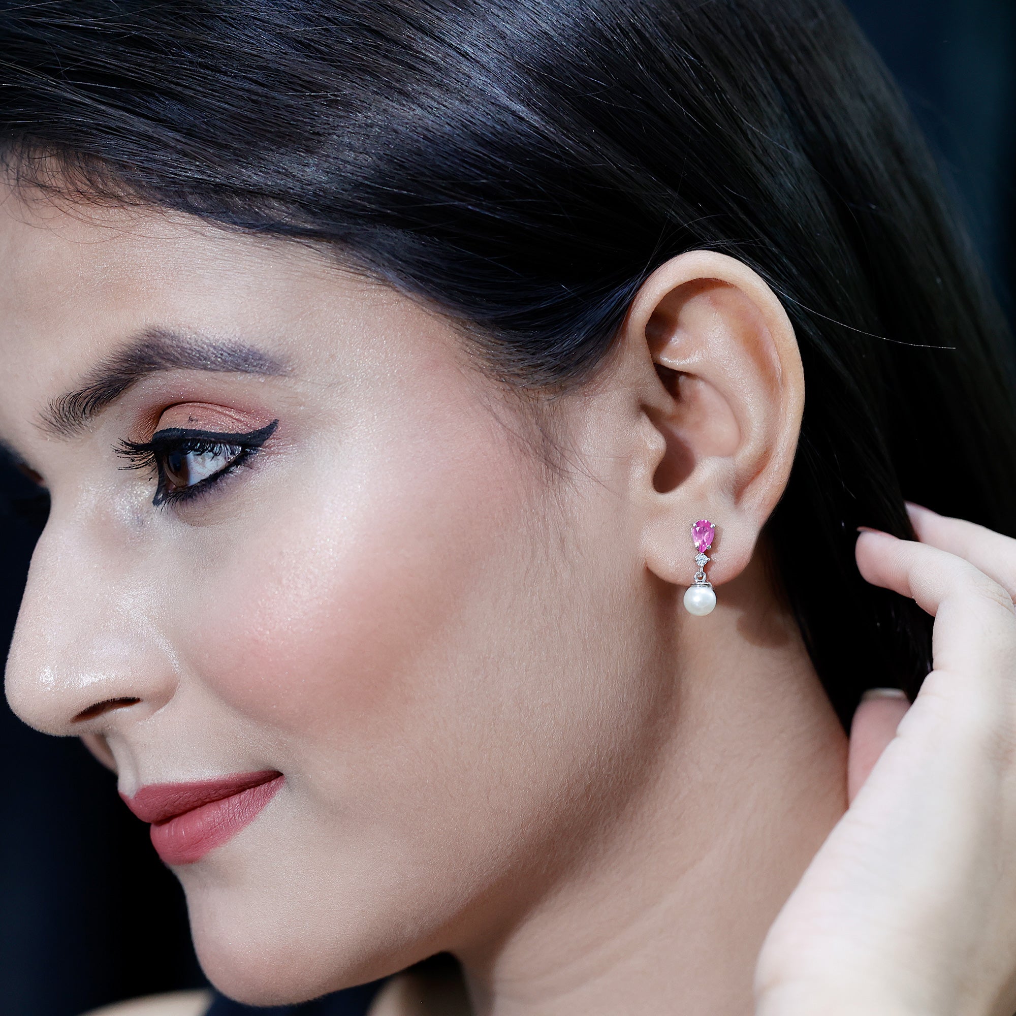 Freshwater Pearl Bridal Drop Earrings with Lab Pink Sapphire