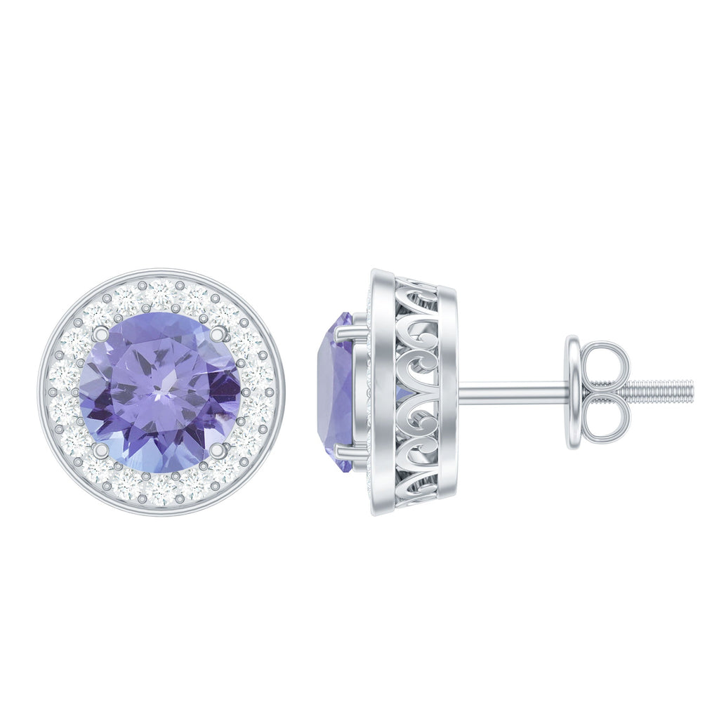 Natural Tanzanite and Diamond Stud Earrings with Screw Back
