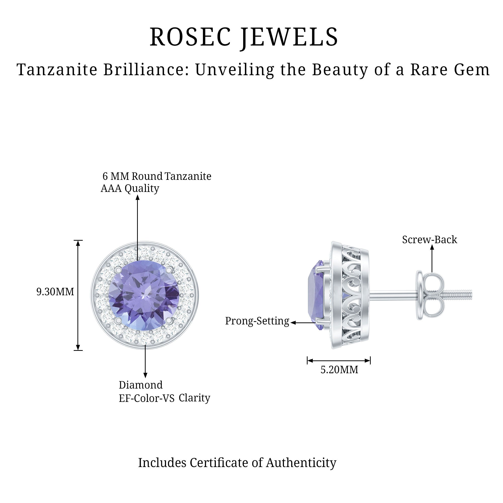 Natural Tanzanite and Diamond Stud Earrings with Screw Back