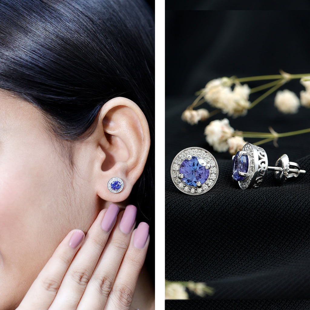 Natural Tanzanite and Diamond Stud Earrings with Screw Back