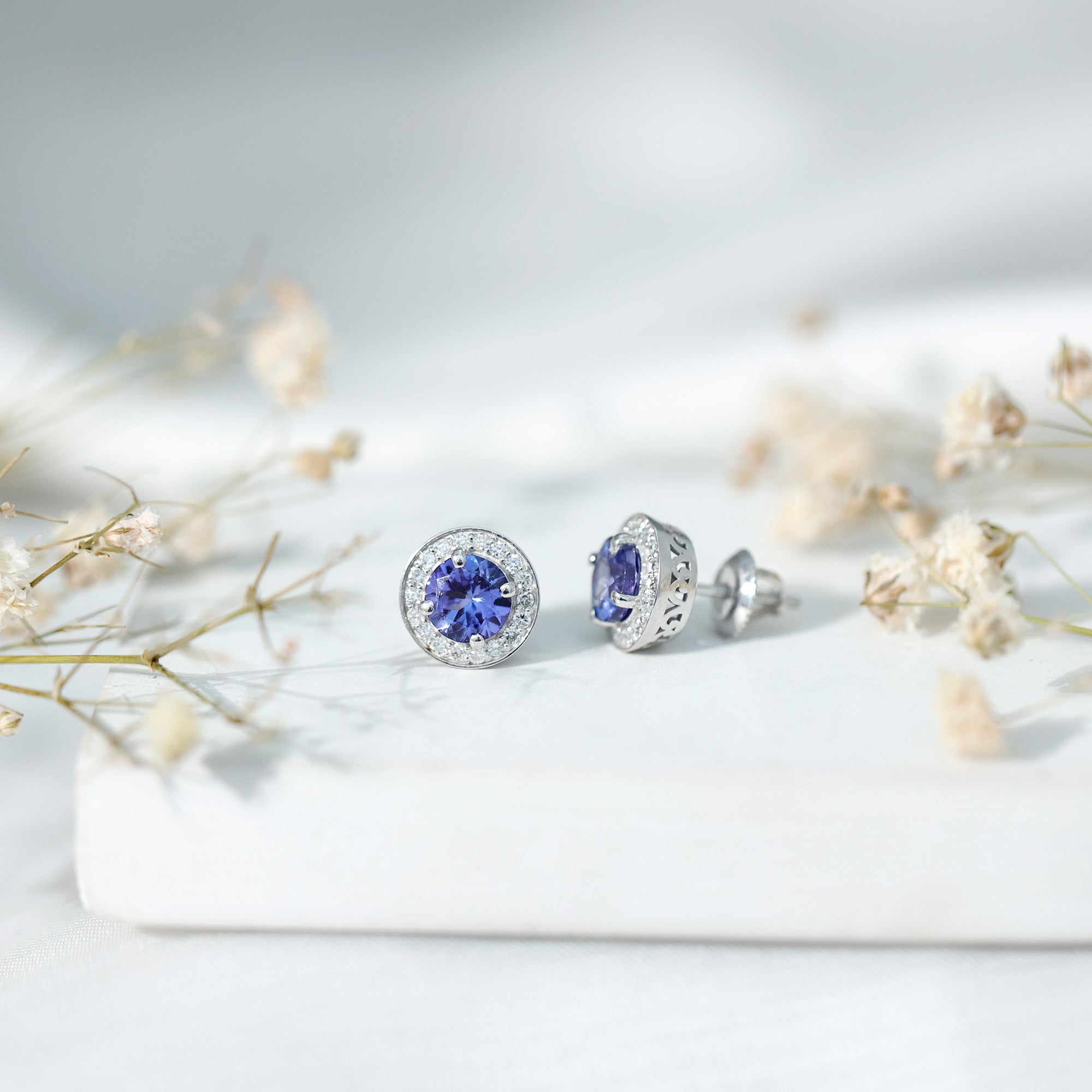 Natural Tanzanite and Diamond Stud Earrings with Screw Back