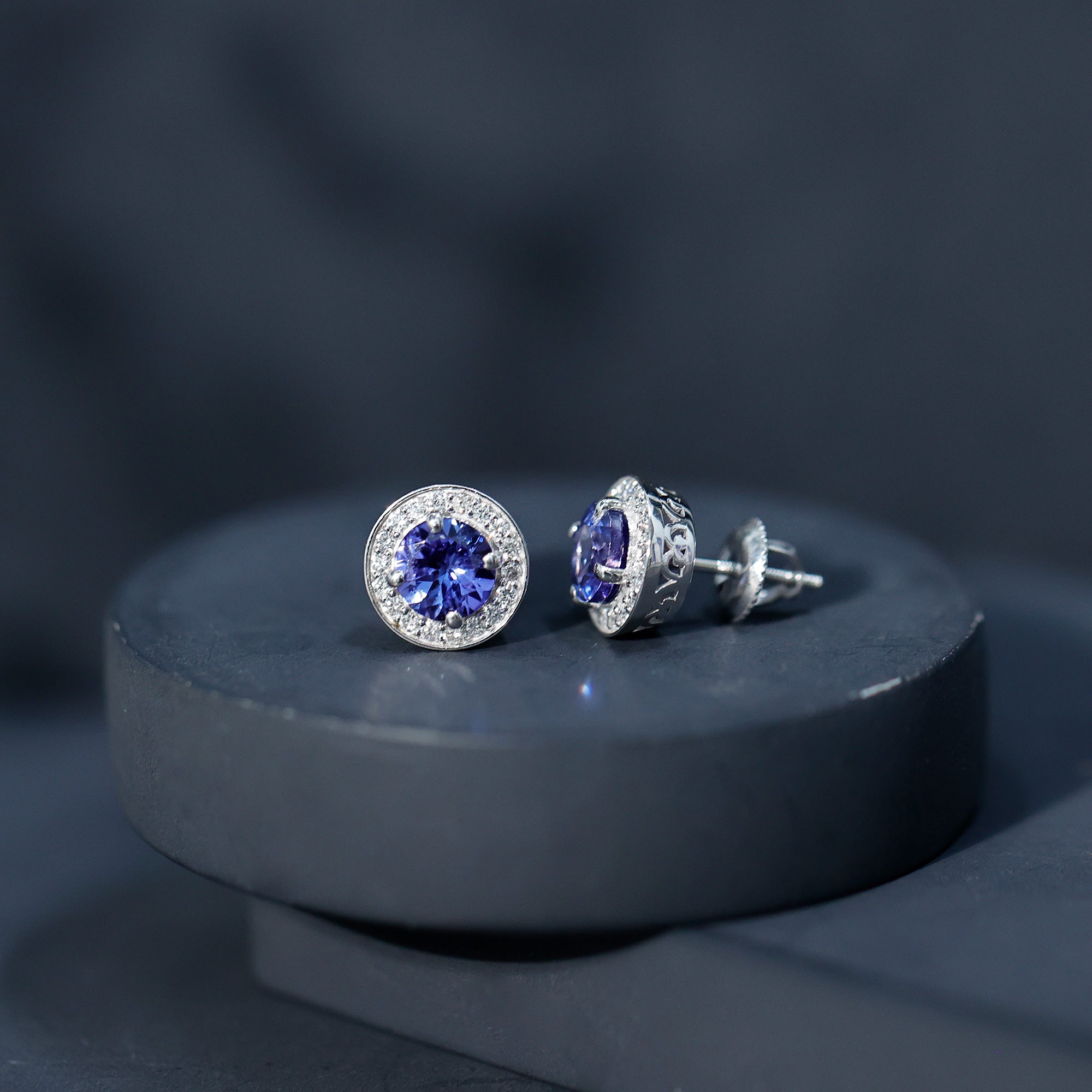 Natural Tanzanite and Diamond Stud Earrings with Screw Back