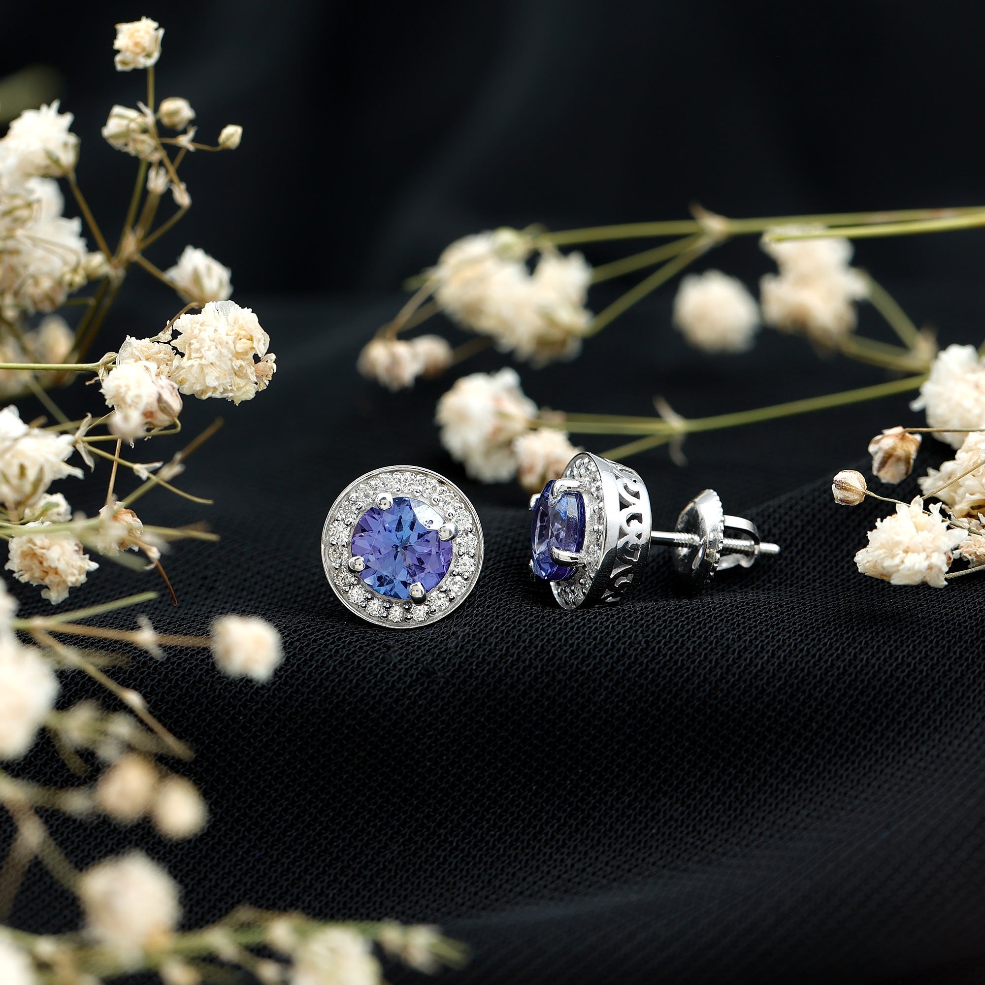 Natural Tanzanite and Diamond Stud Earrings with Screw Back