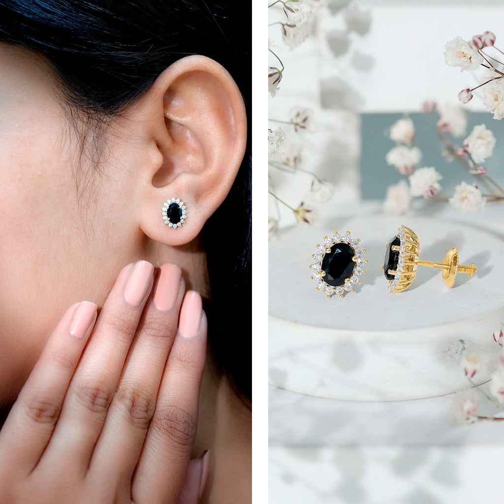 Oval Shaped Black and White Diamond Stud Earrings in Silver