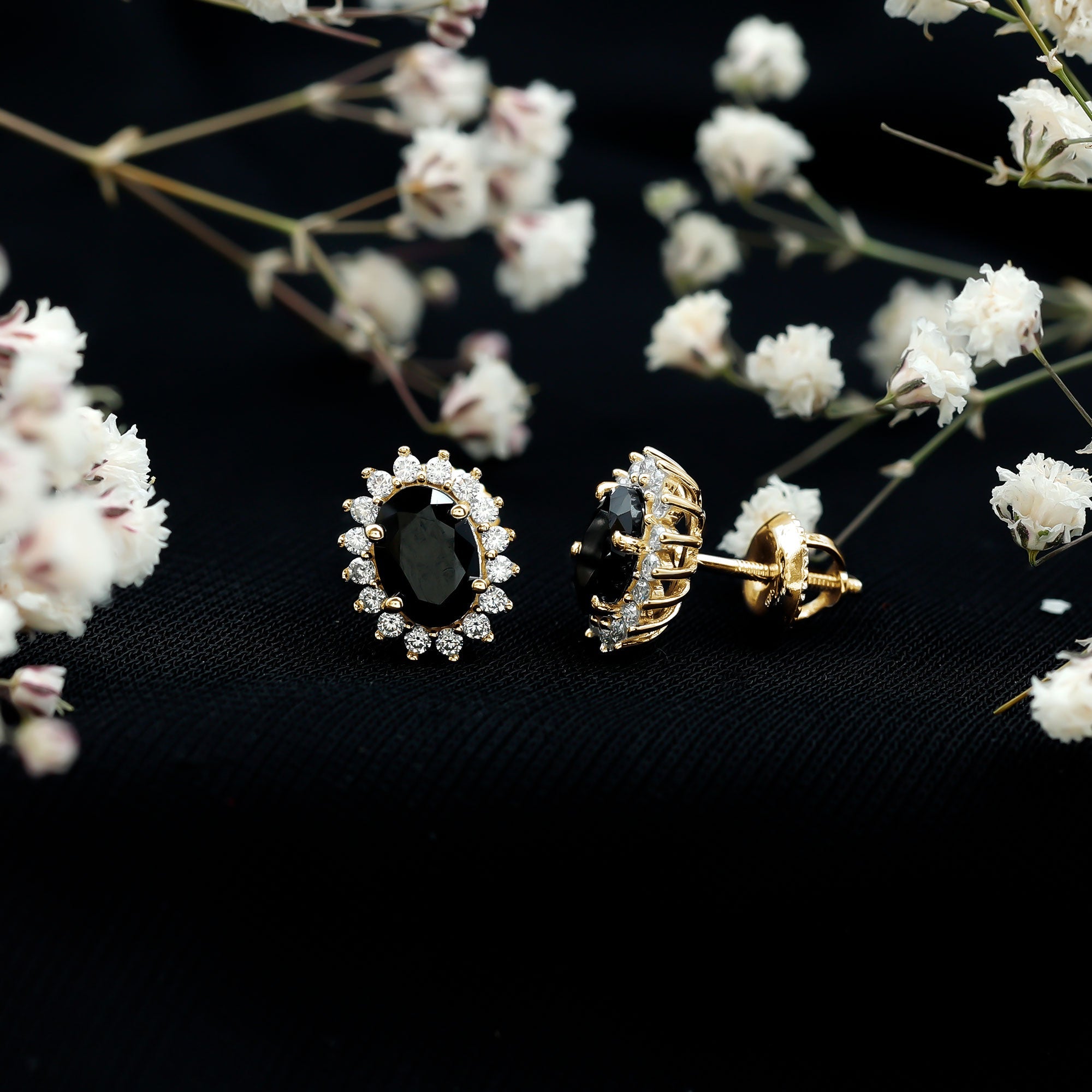Oval Shaped Black and White Diamond Stud Earrings in Silver