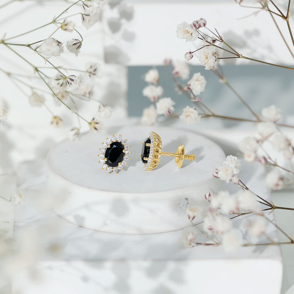 Oval Shaped Black and White Diamond Stud Earrings in Silver