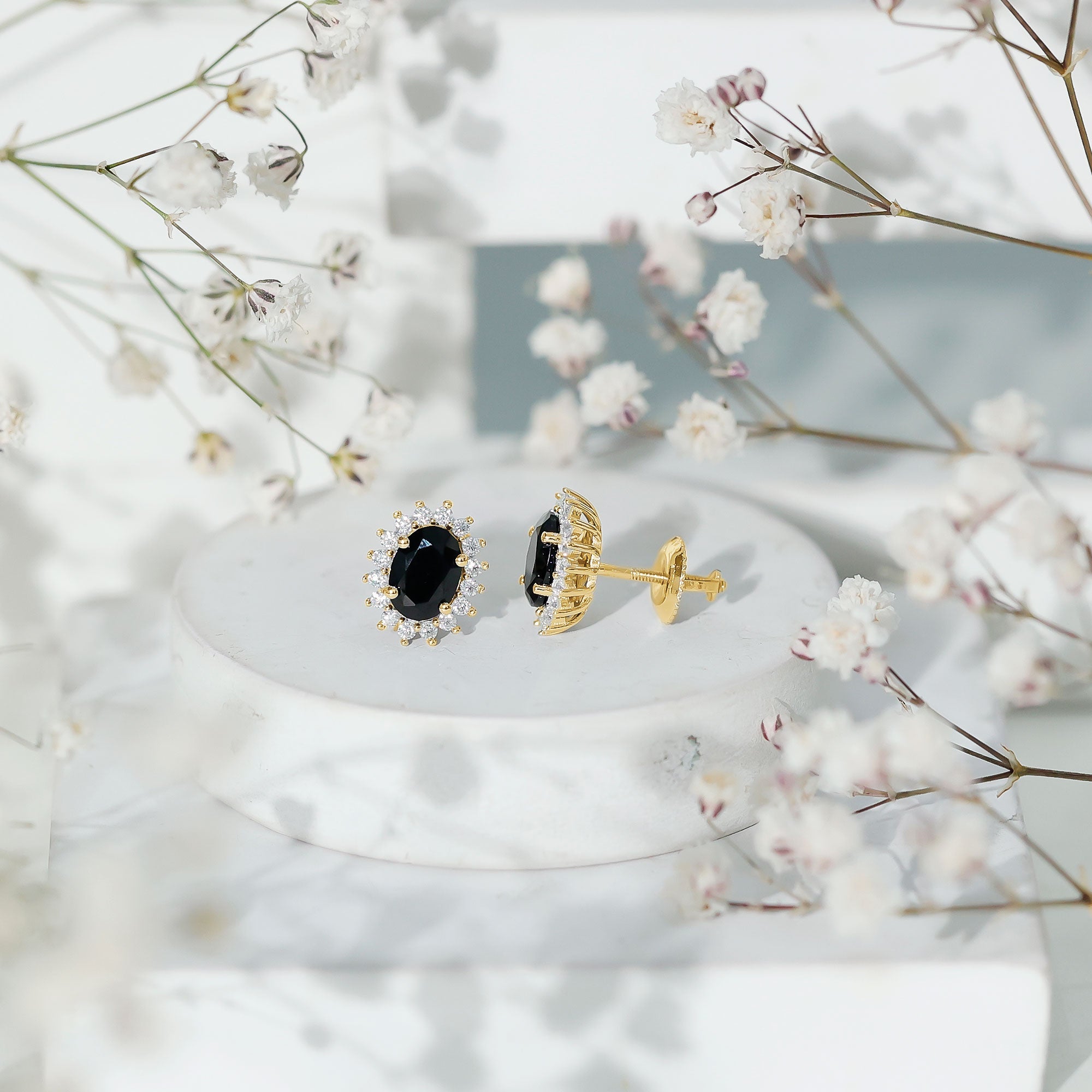 Oval Shaped Black and White Diamond Stud Earrings in Silver